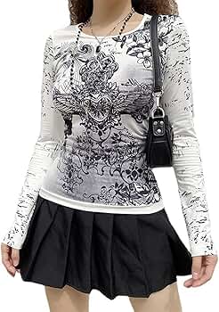 Women Fairy Grunge Slim Fit Tops Long Sleeve Crew Neck Heart