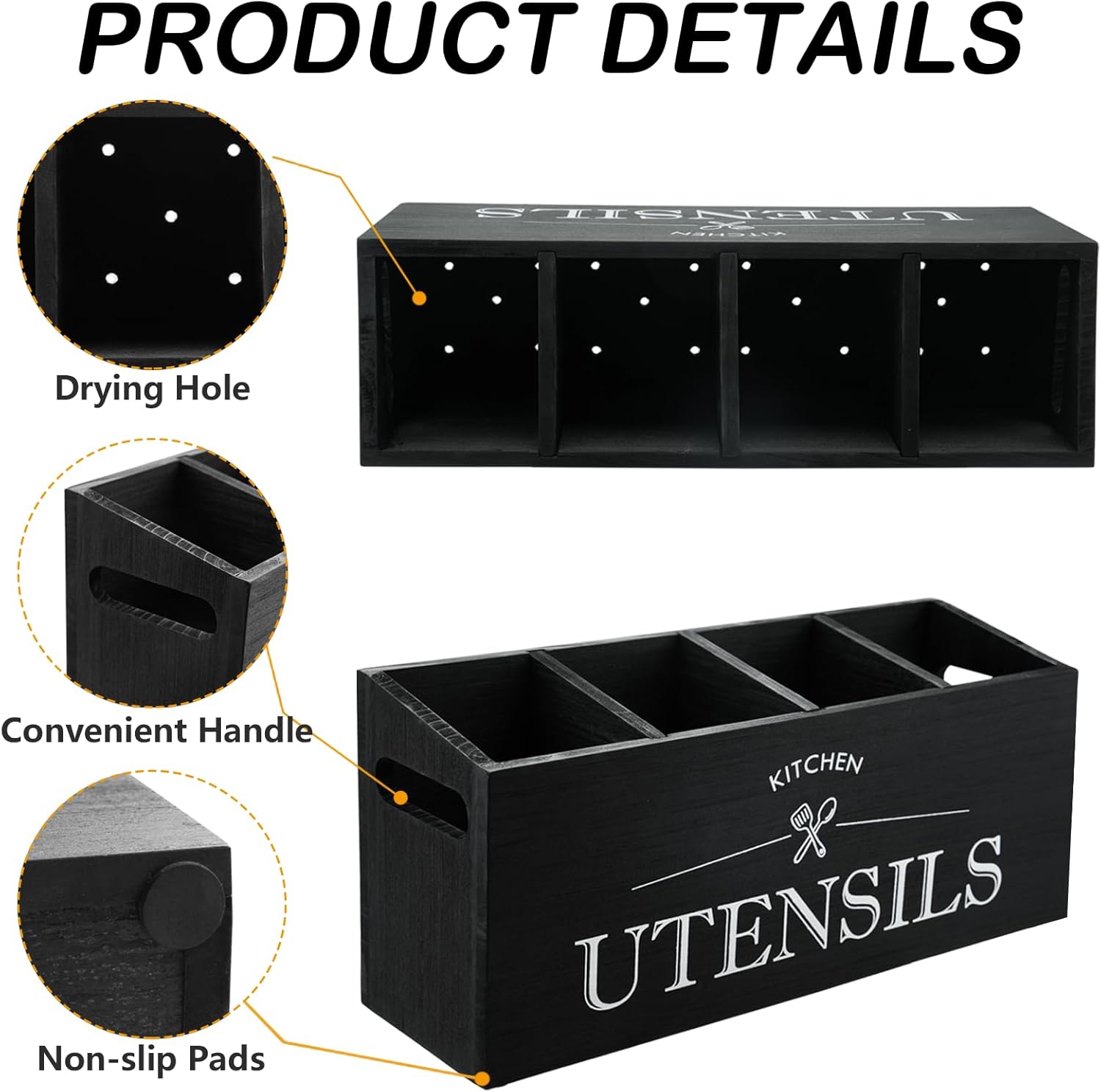 Kitchen Utensil Holder with 4 Compartments, Wooden Utensil Organizer for Countertop, Ideal for Storage and Organization, Rustic Cooking Utensil Kitchen Tool, Black