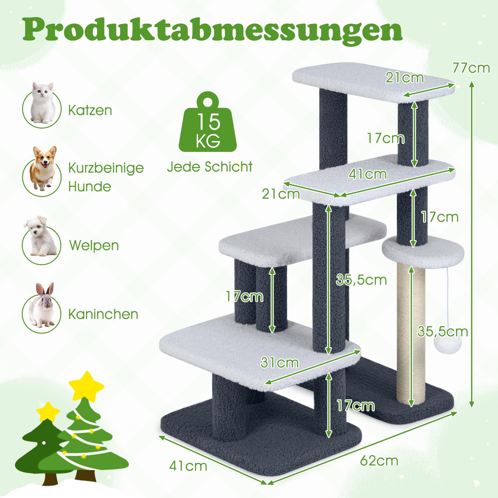 COSTWAY Drapak 2 w 1, schody dla psa, 77 cm, schodki dla kota z sizalowymi słupkami, platformy i piłka, do 15 kg, schody dla zwierząt, na łóżko, sofę, kanapę, schody dla zwierząt domowych, dla małych