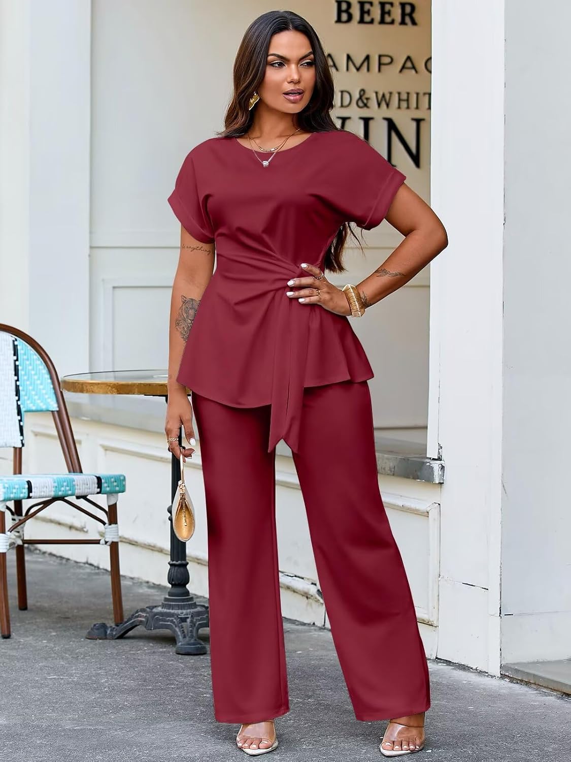 Ekaliy Women's 2 Piece Outfits Short Sleeve Peplum Top Flared Pant Business Suit Set Dressy Pantsuits