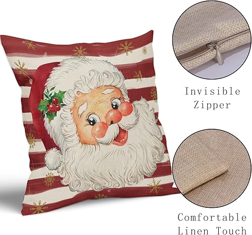 Miniatura 4 de Juego de 2 fundas de almohada rojas de Papá Noel de 20 x 20 pulgadas, diseño de copos de nieve dorados de Navidad a rayas, fundas de almohada
