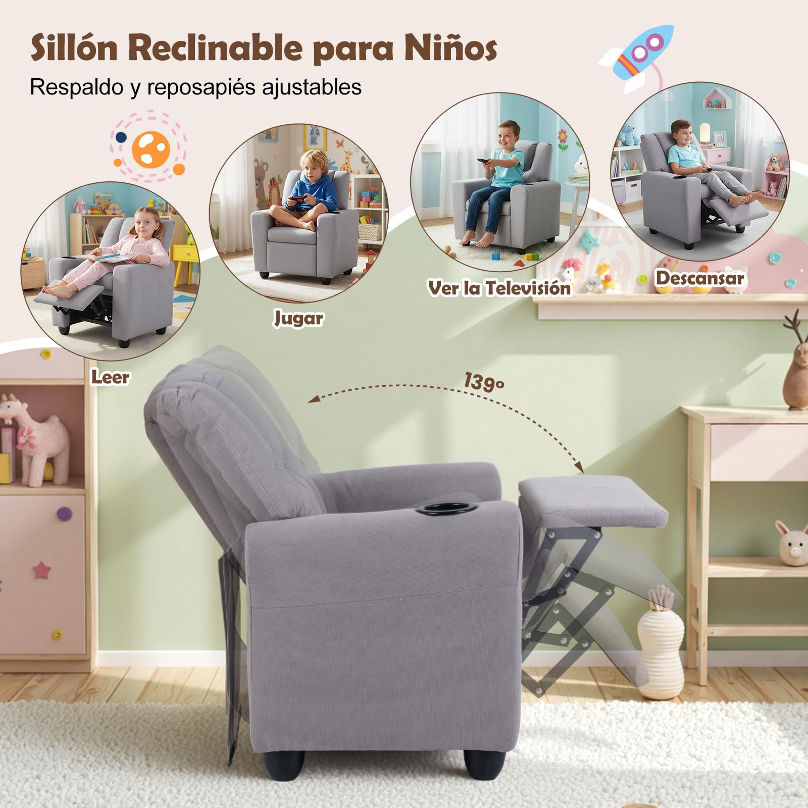 GOPLUS Sillón Reclinable Infantil con Portavasos, Silla Reclinable de Tela de Terciopelo con Respaldo y Reposapiés Ajustables, Cojín de Asiento con Resortes, Sofá para Niños de 3+ Años (Gris)