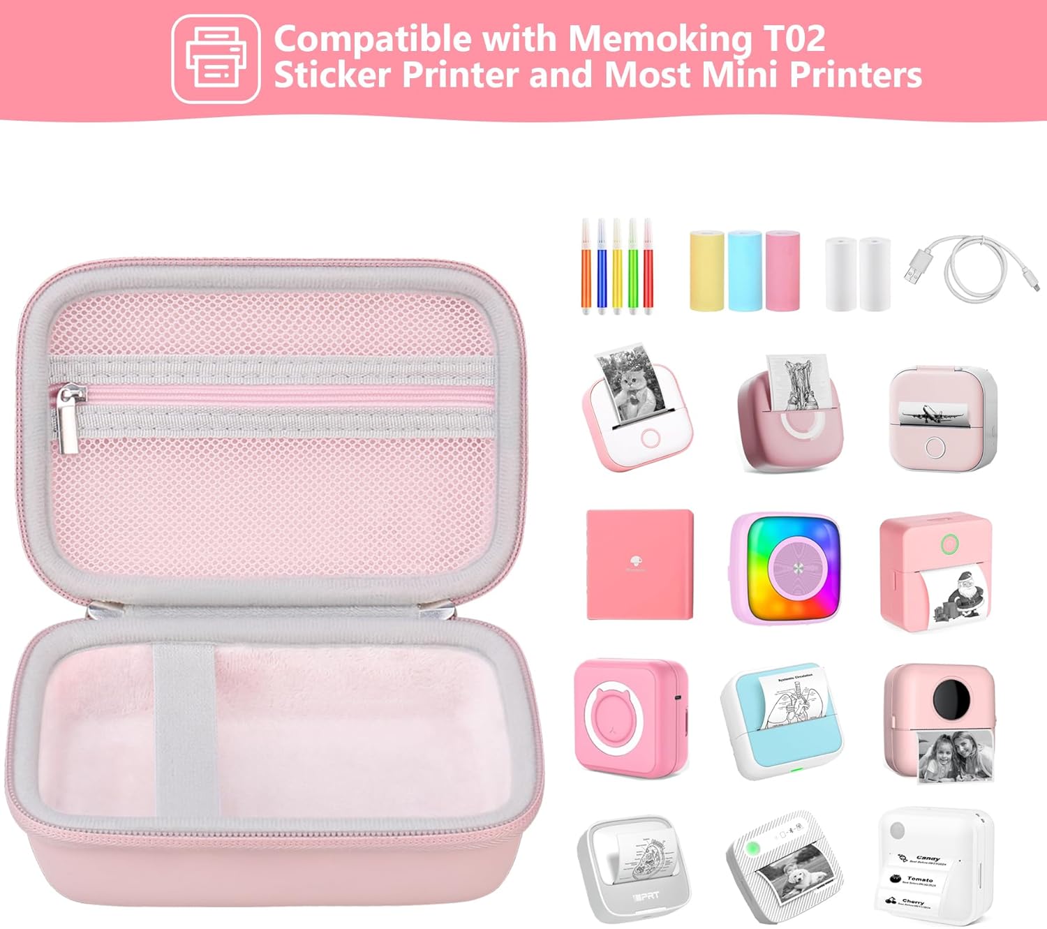 Sticker Printer Case Compatible with Memoking T02/for iDPRT/for Phomemo/for Anycash/for Ponek/for cabaro Mini Sticker Printer, Print Pods Mini Printer Storage Bag for Accessories, Pink - Image 2