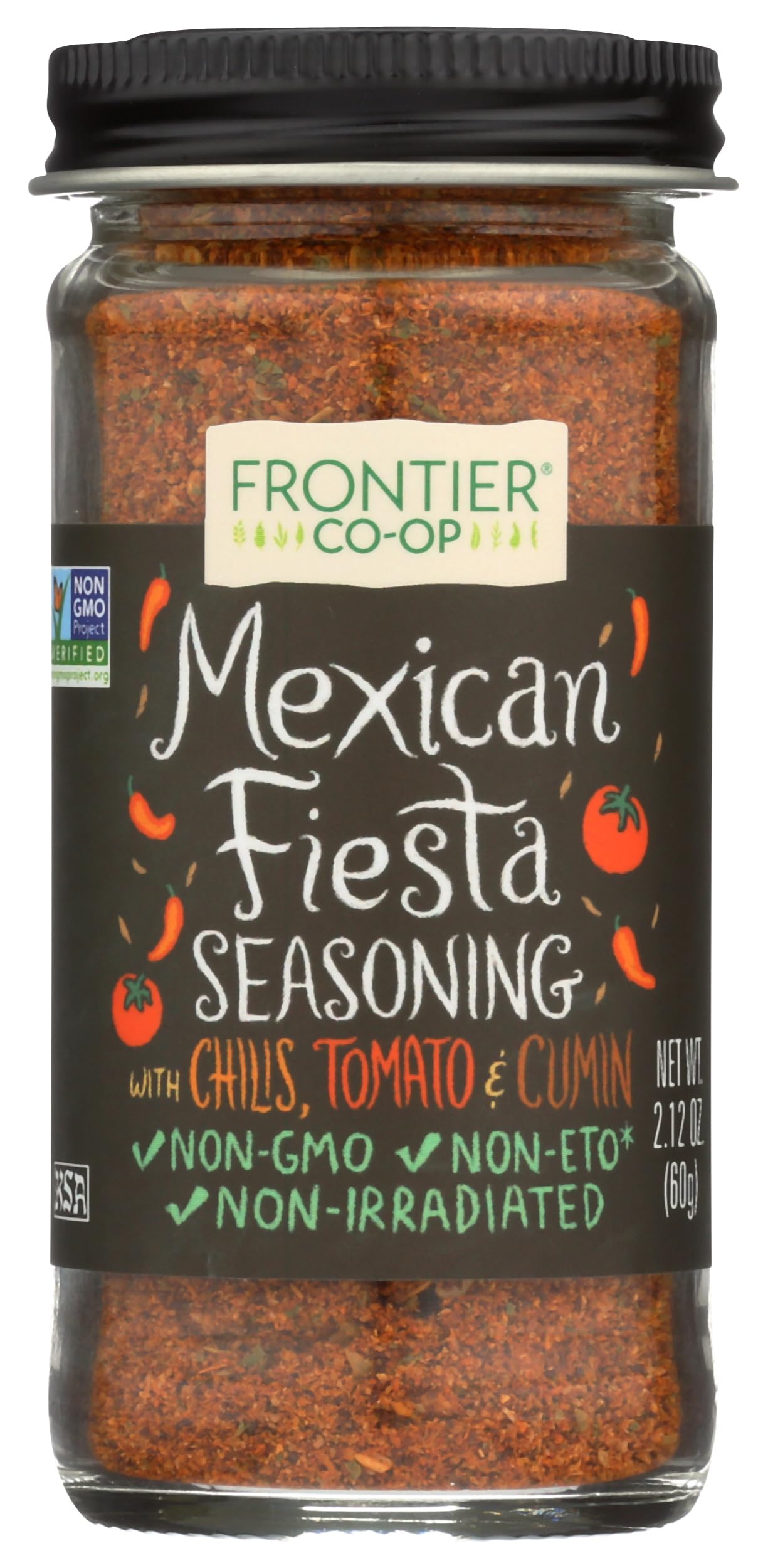 Frontier Co-op Mexican Fiesta Seasoning, 2.12-Ounce Jar, Chilis, Tomato & Cumin, Hint Of Lemon & Cilantro, Salt Free, Kosher, Non ETO