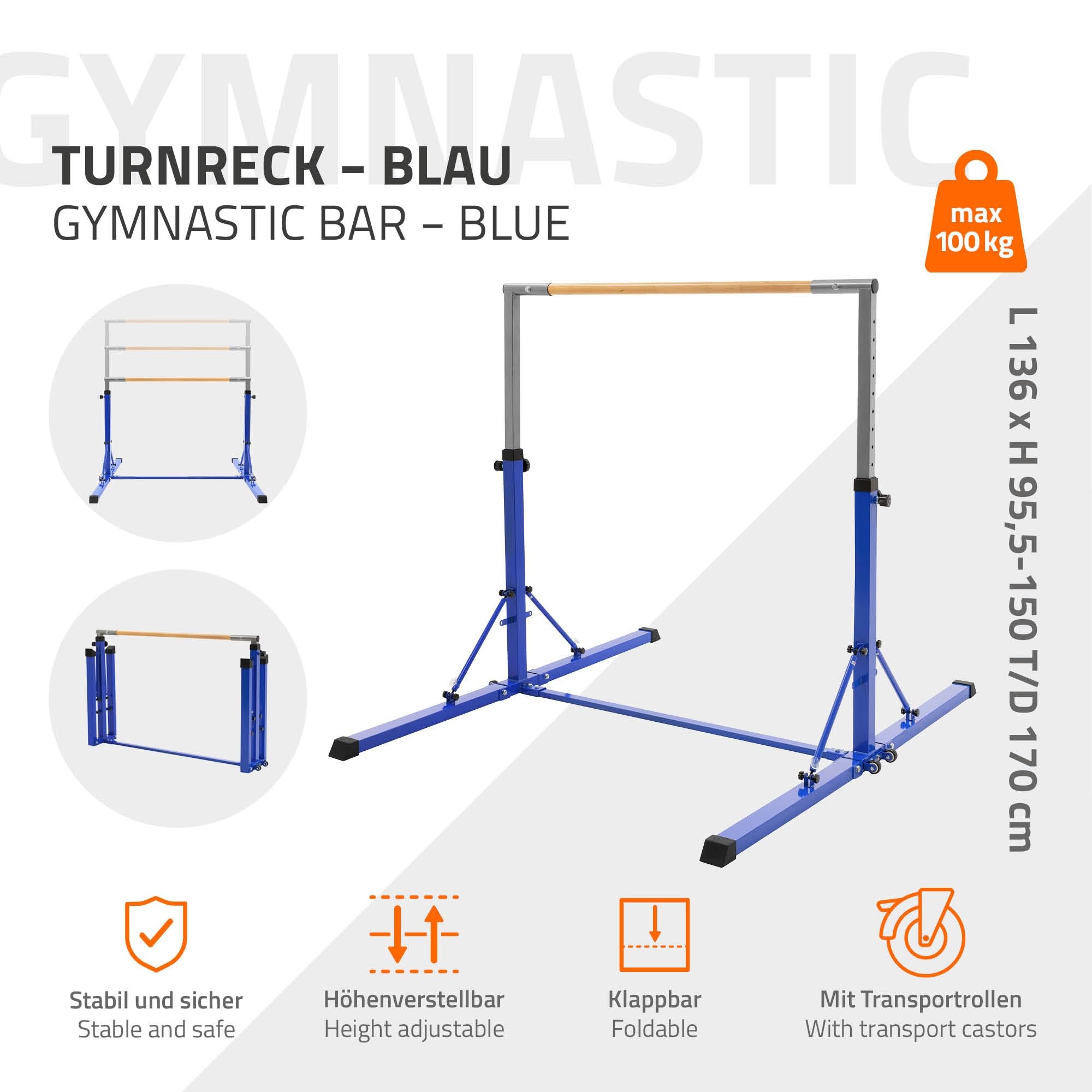 Hauki Barra de Gimnasia Artística Horizontal para Niños Azul/Púrpura Equipo Entrenamiento Infantil Plegable Base Estable Altura Regulable 95,5-150cm Madera/Acero Ejercicios en Casa Interior/Exterior
