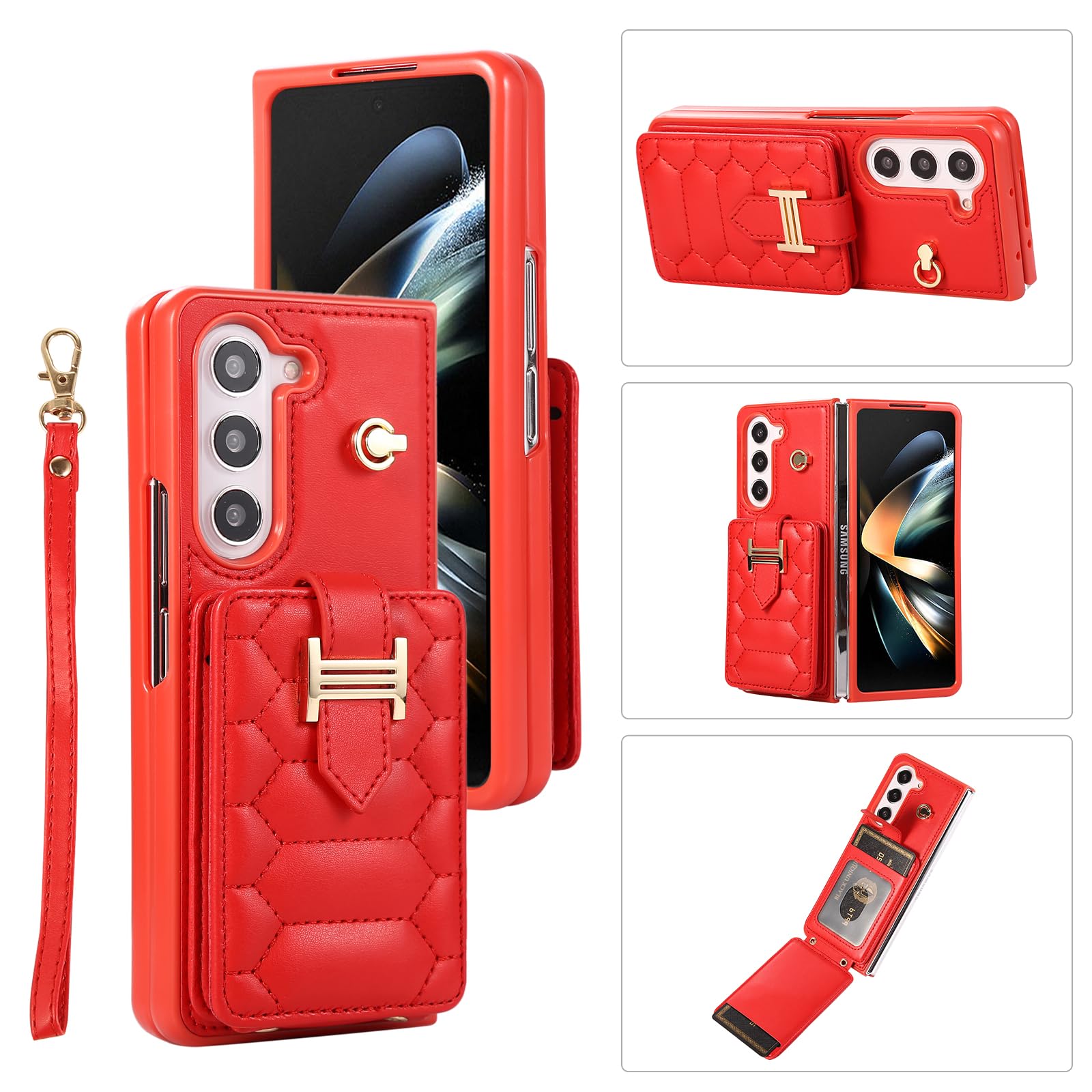 XIMAND for Samsung Galaxy Z Fold 5 Wallet Case with 2 Card Slots,Shockproof and Skin-Like Soft Leather,Stylish and Luxurious Perfect for Women.(Red)