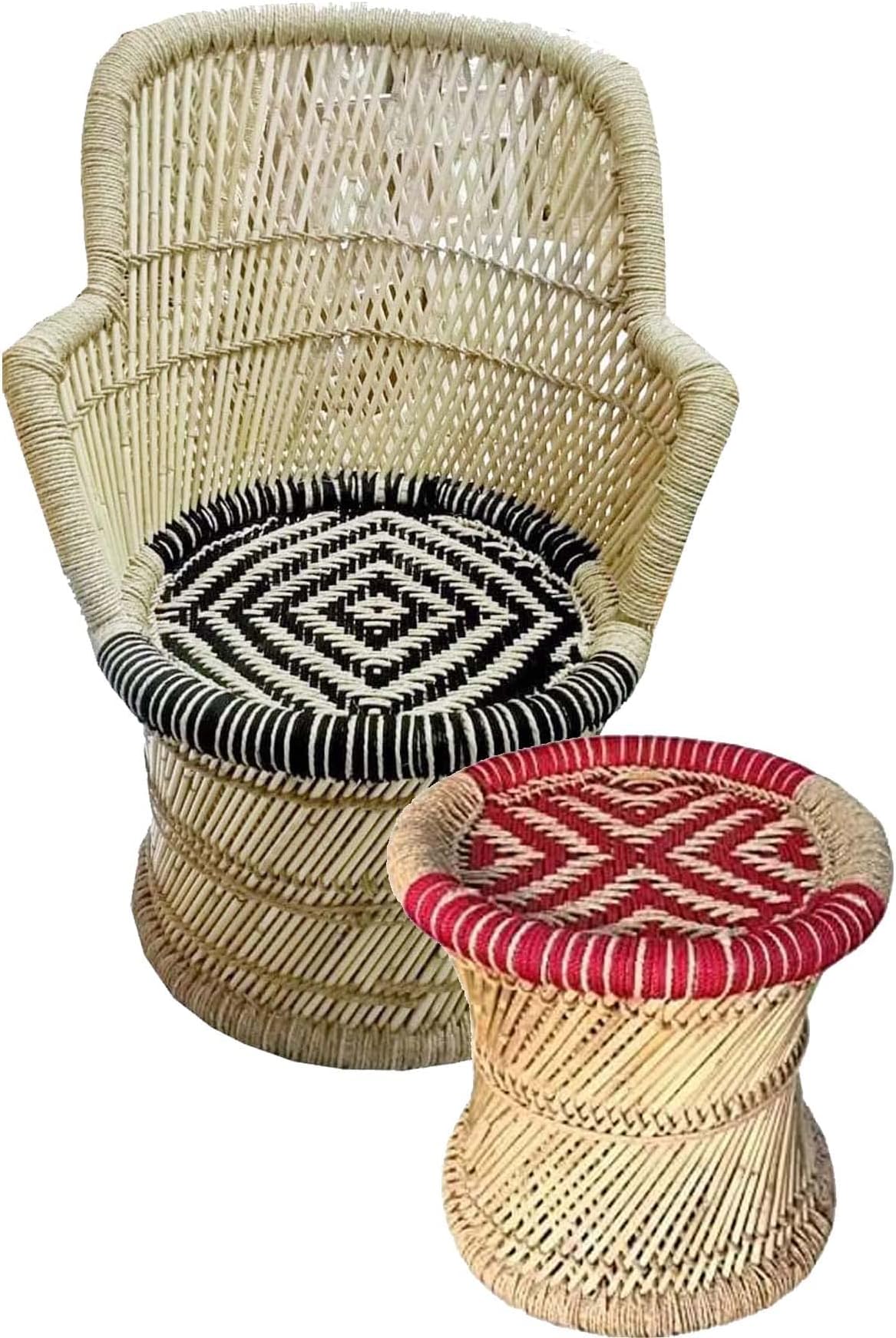 Harish Handmakers ! Handmade Bamboo Mudda Chair with Red, Black & Beige Flower with Wave Seat Pattern Pure Natural | Chair | Cane Set- Standard