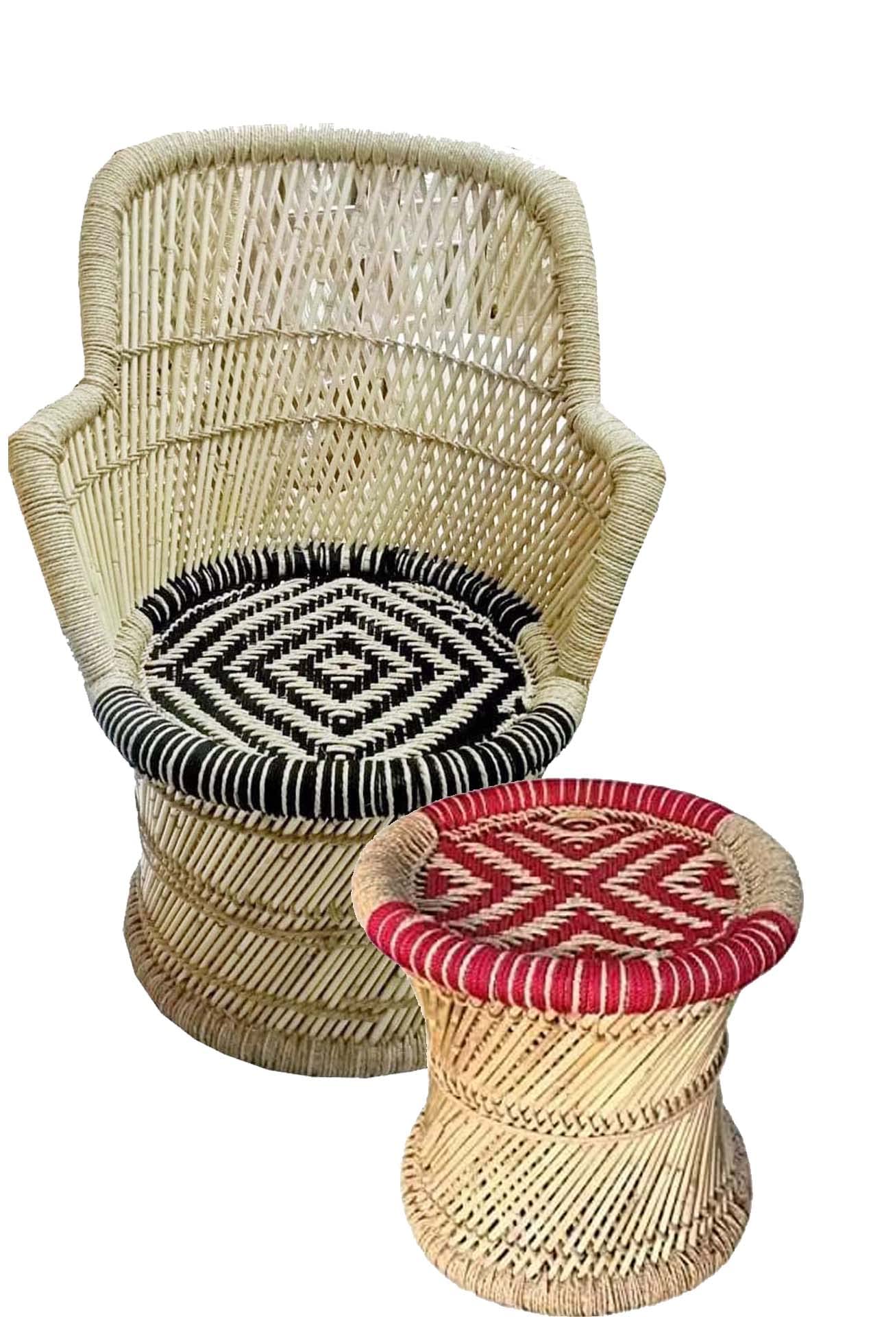 Harish Handmakers ! Handmade Bamboo Mudda Chair with Red, Black & Beige Flower with Wave Seat Pattern Pure Natural | Chair | Cane Set- Standard