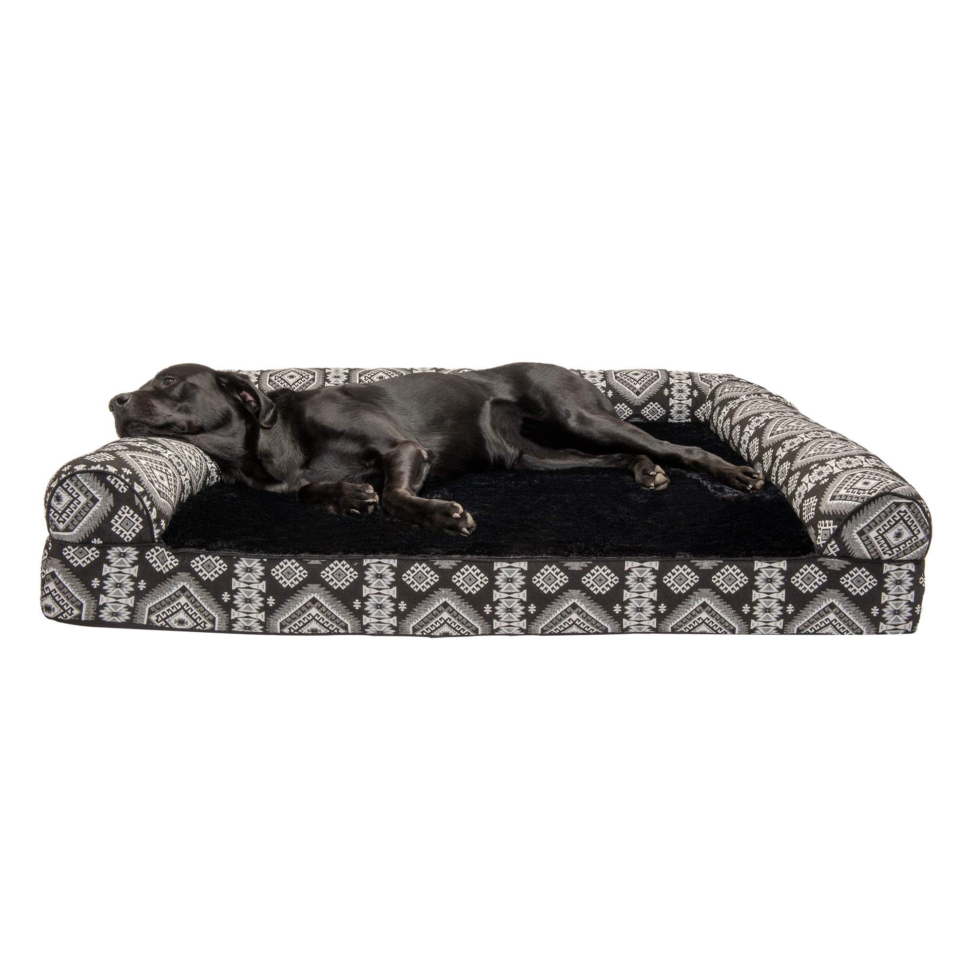 Furhaven Pet Bed for Dogs and Cats - Plush and Southwest Kilim Decor Sofa-Style Solid Slab Orthopedic Dog Bed, Removable Machine Washable Cover - Black Medallion, Jumbo Plus (XX-Large)