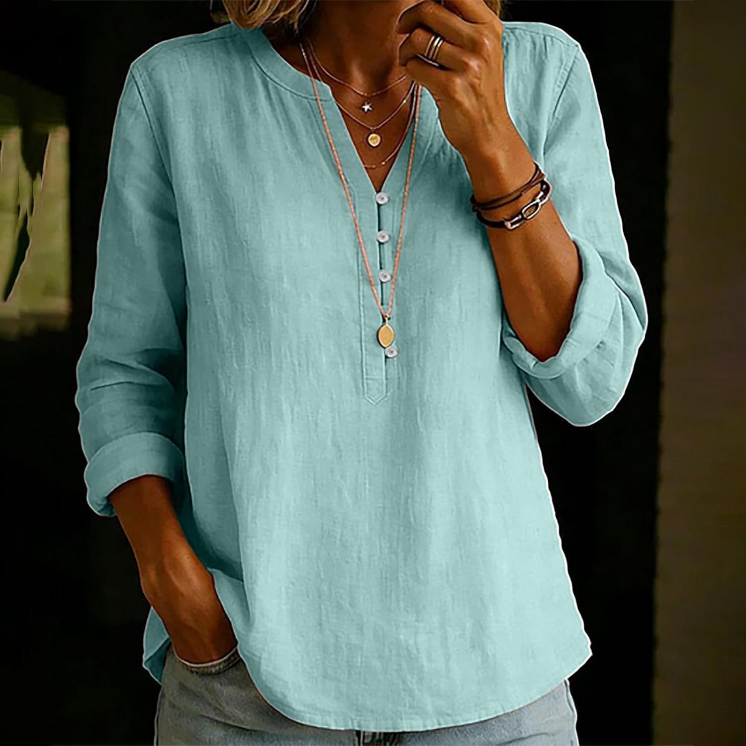 Henley Shirt for Women V Neck Button Up Long Sleeve Casual Cotton Linen Top | Relaxed Fit Blouse with Notched Collar Button Placket, Breathable Cotton Linen, Roll Up Sleeve, for Work Travel Weekend