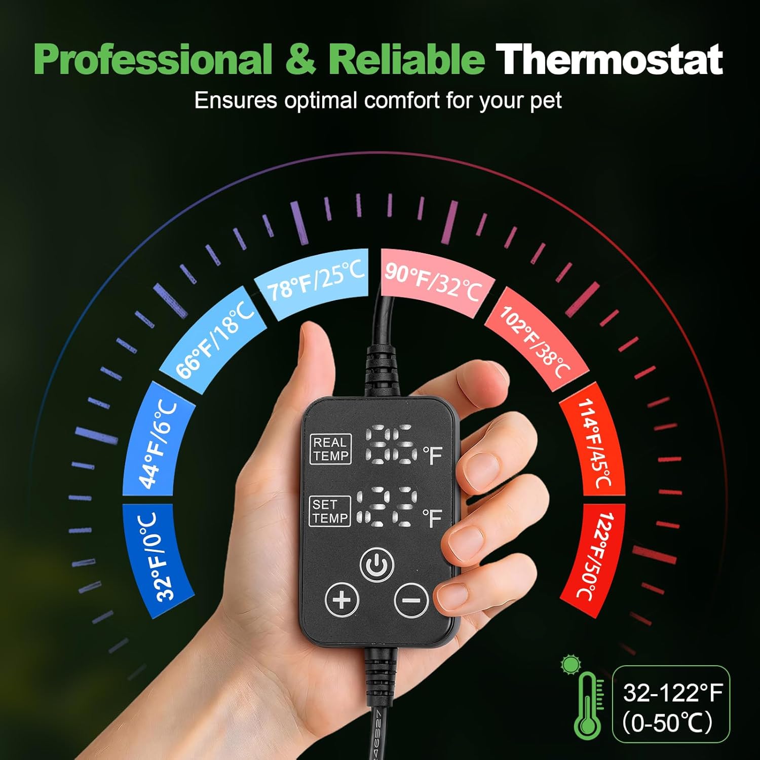 Reptile Heating Pad with Internal Sensor&Thermostat, 8" x 18" 24W Under Tank Heater Mat for 10-40 Gallon Tanks, IP67 Waterproof Safe Heat for Turtles, Bearded Dragons, Snakes, Lizards and Seedling 18”x 8” (24W)