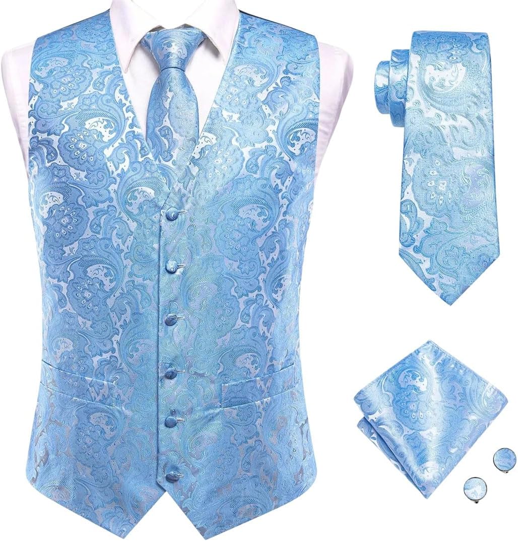 Men's Solid Suit Vest Tie Pocket Square Set Single Breasted Formal Business Waistcoat Sleeveless Jacket Wedding Dress