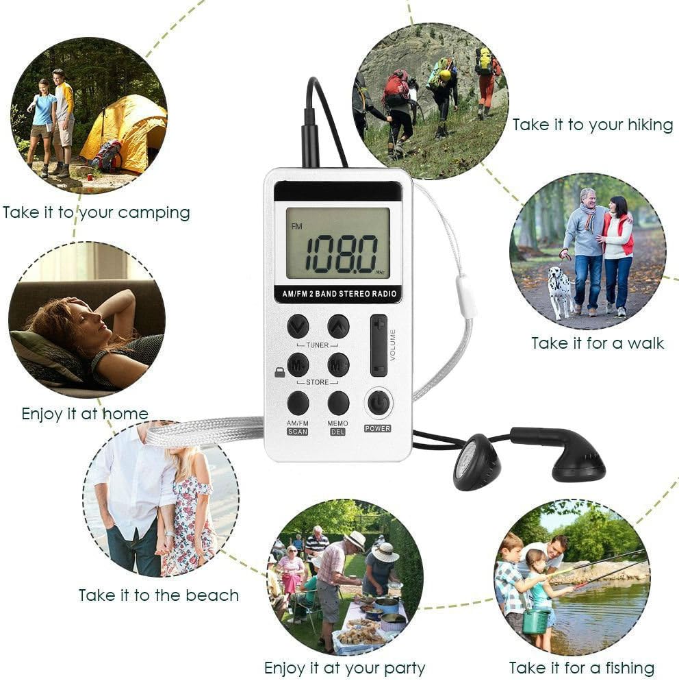 ZEERKEER Pocket Radio AM/FM Walkman Radio with Stereo Headphones, Rechargeable Battery and LCD Display, Portable Digital Tuning Stereo Radio for Walk/Jogging/Gym/Camping(Silver) : Electronics