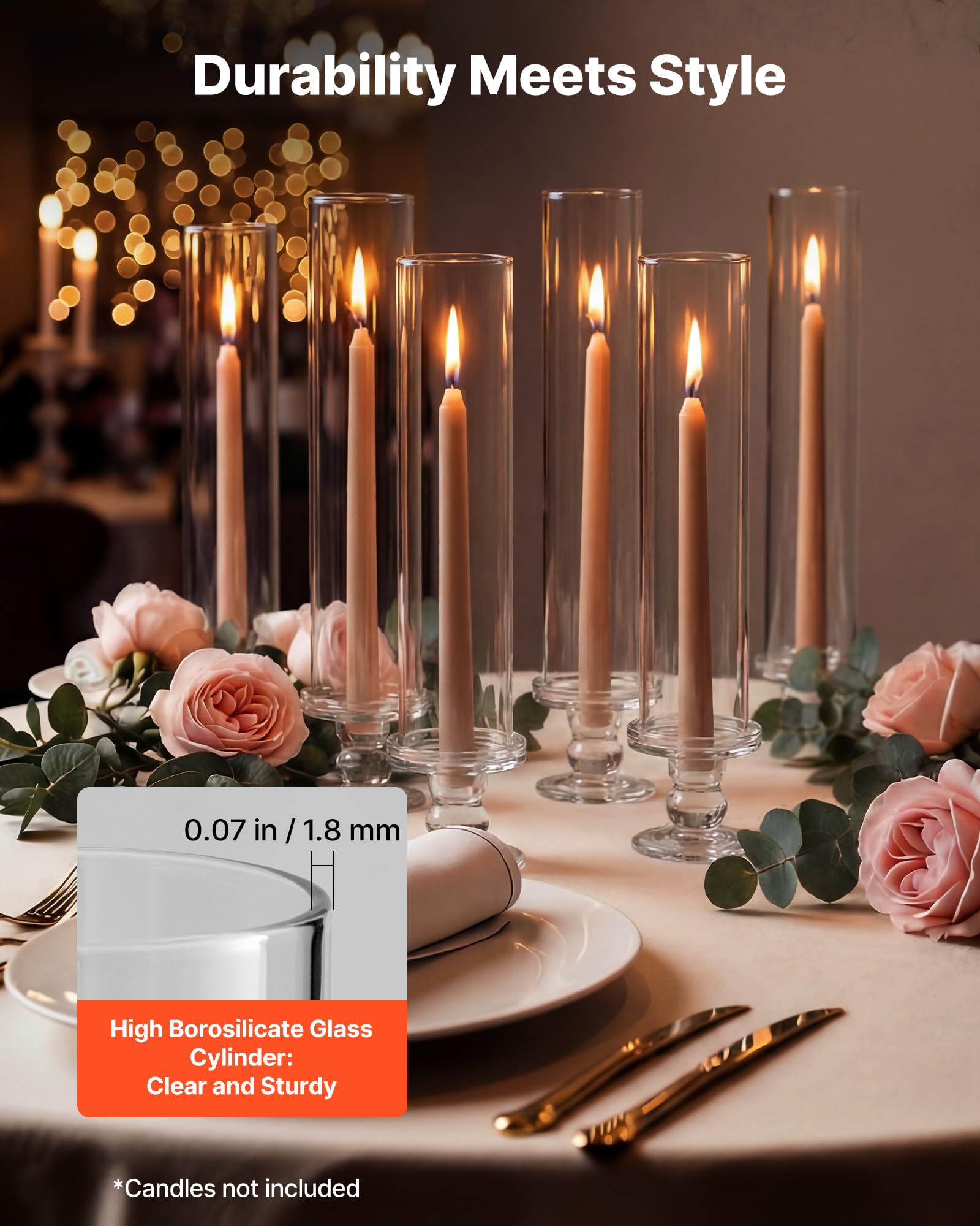 VEVOR 24 STK. Glaszylinder für Kerzen Set, Hurricane Kerzenhalter 60x390mm, Kerzengläser aus Borosilikatglas, Bodenlose Kerzenschatten mit Kerzenständer, Kerzenhalterhülle für Hochzeit Weihnachten