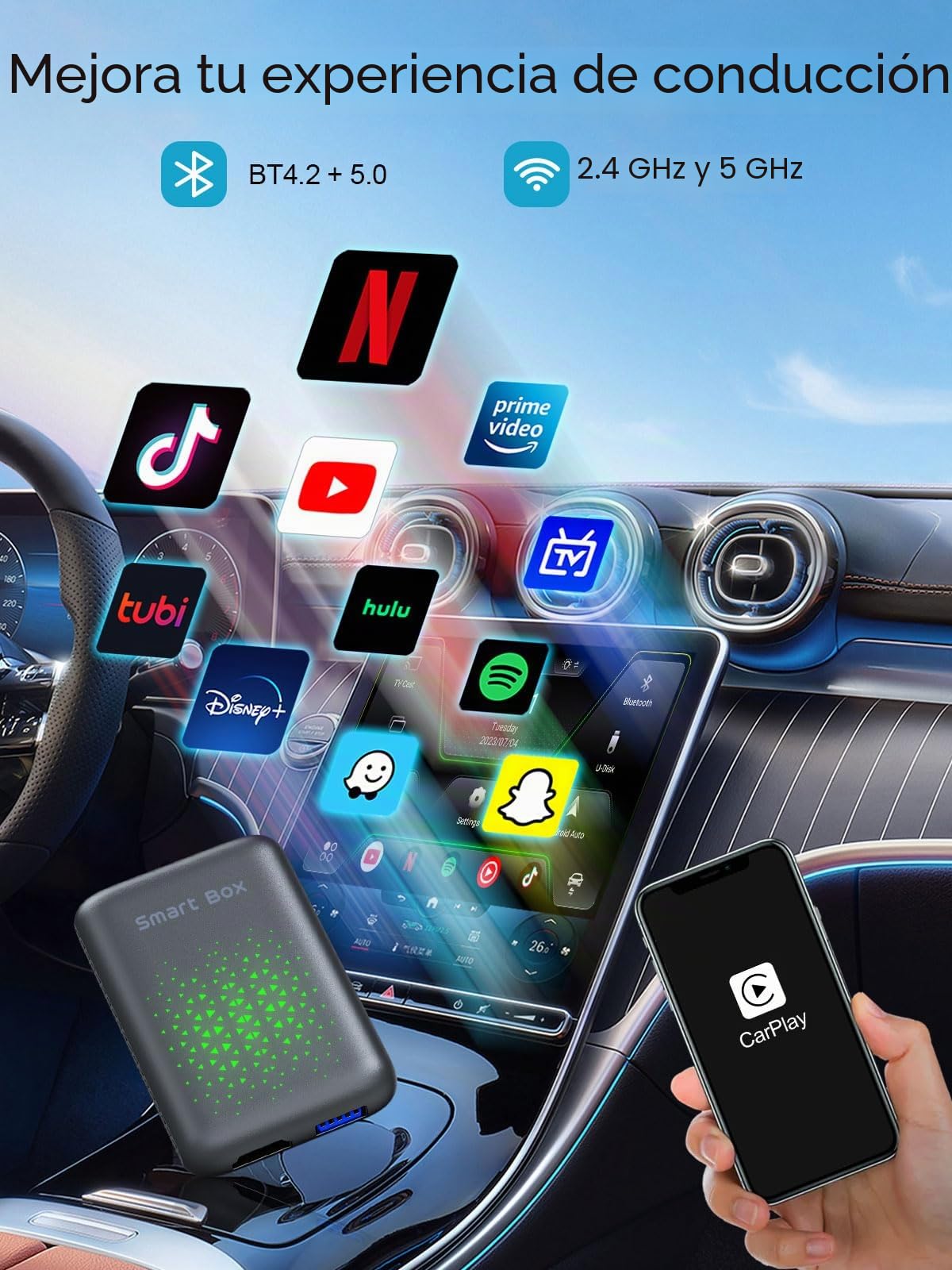 CarPlay Adaptador Inalámbrico 3 en 1 para Apple CarPlay y Android Auto, Módulo AI Box con Netflix, Youtube, TikTok