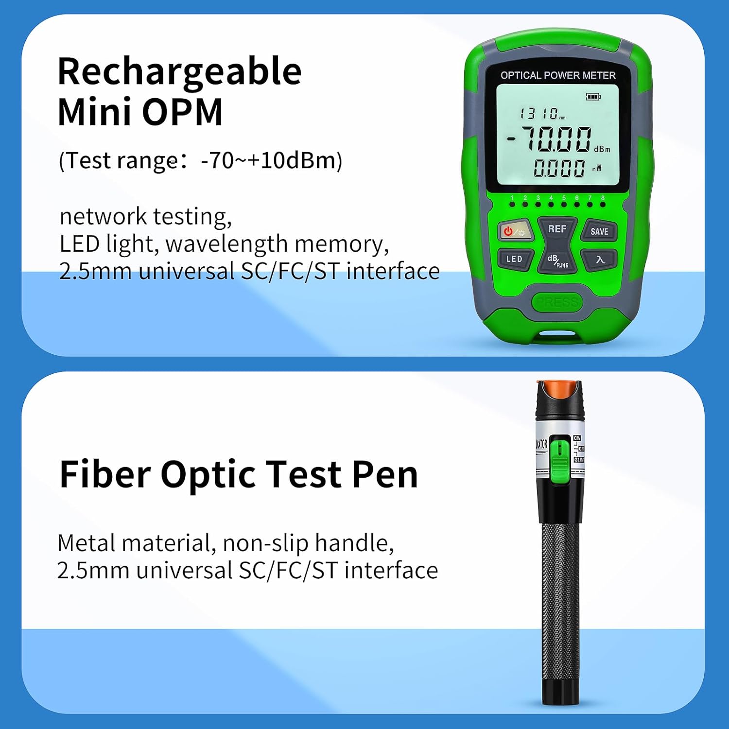 Fiber Optic Termination Tool Kit 14-in-1 Equipped Rechargeable Optical Power Meter A-MC7 (-70 - +10 dBm) & VFL, Fiber Cleaver K1 and Wire Stripping Pliers, FTTH Hot melt/Cold Connection Tool Kit