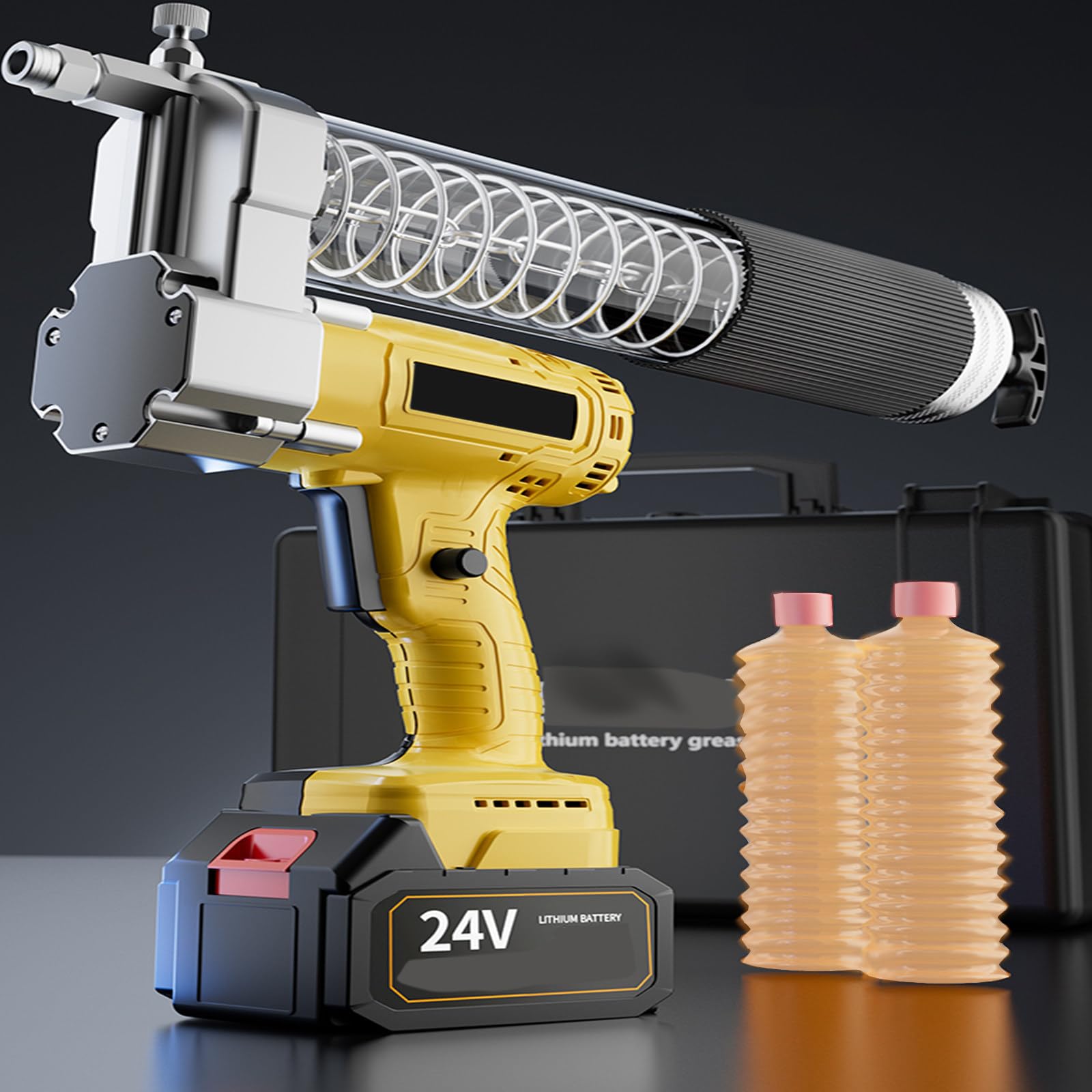 Adaptador de Taladro para Pistola de engrase eléctrica, Adaptador de Acoplamiento de Pistola de engrase con Bloqueo, Manguera de Alta presión de 12", Tubo de extensión rígido,2batteries