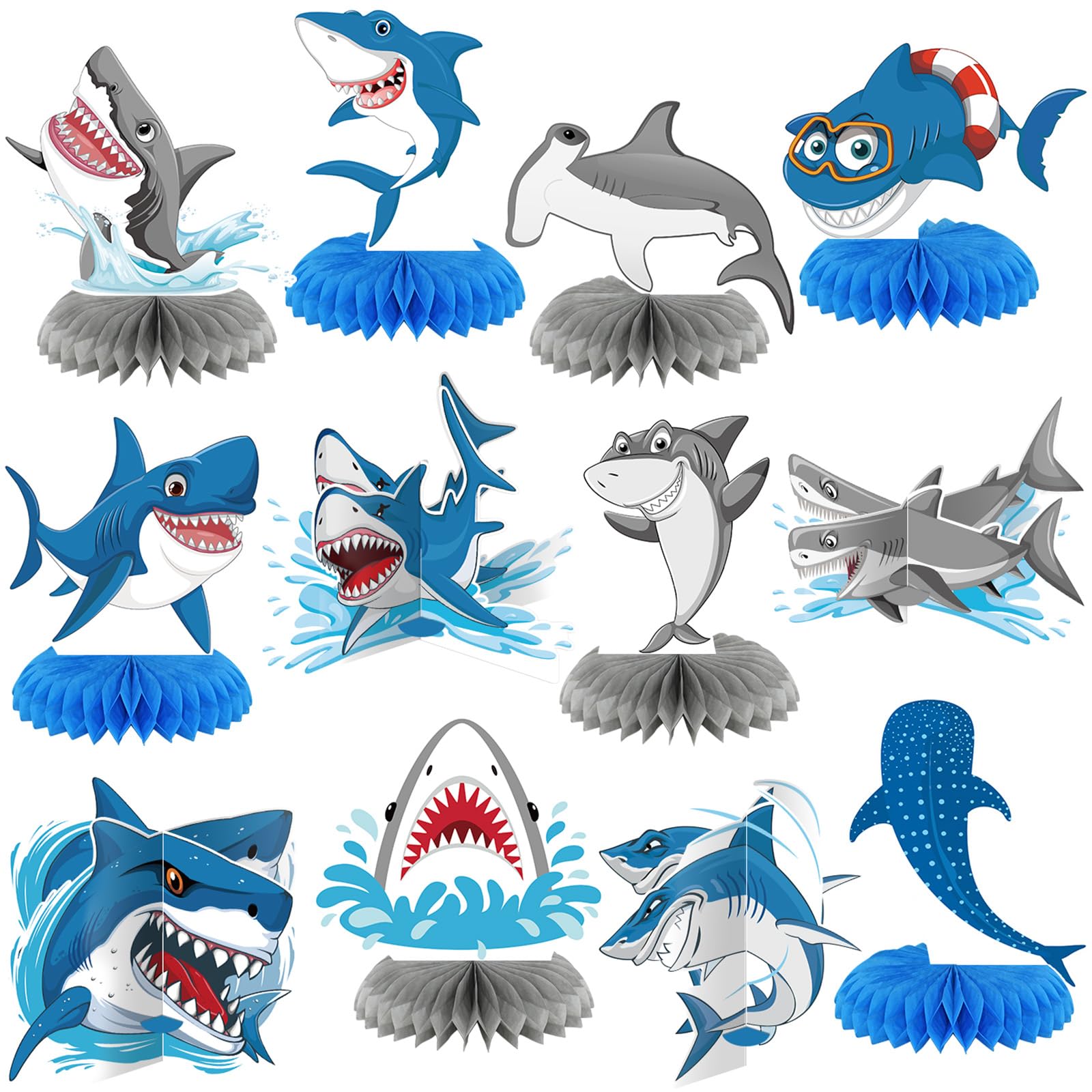 12 Pcs Summer Shark Birthday Party Decoration Shark Honeycomb Centerpiece Table Topper Ocean Table Centerpiece Under the Sea Theme Table Decoration