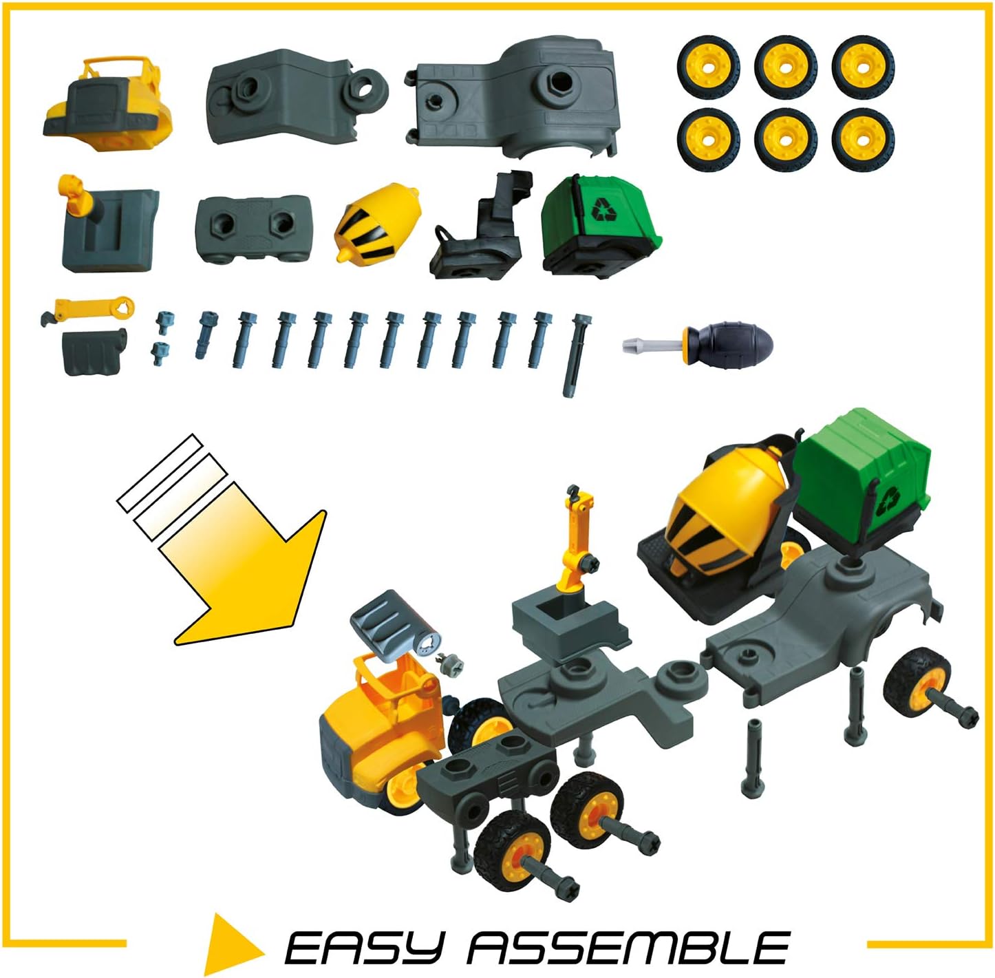 Mondo 51178 Construction Truck Trailer Assembly-Playset 30 Pieces Detachable Truck Toy Construction Set 4 in 1 Yellow/Green - Image 4
