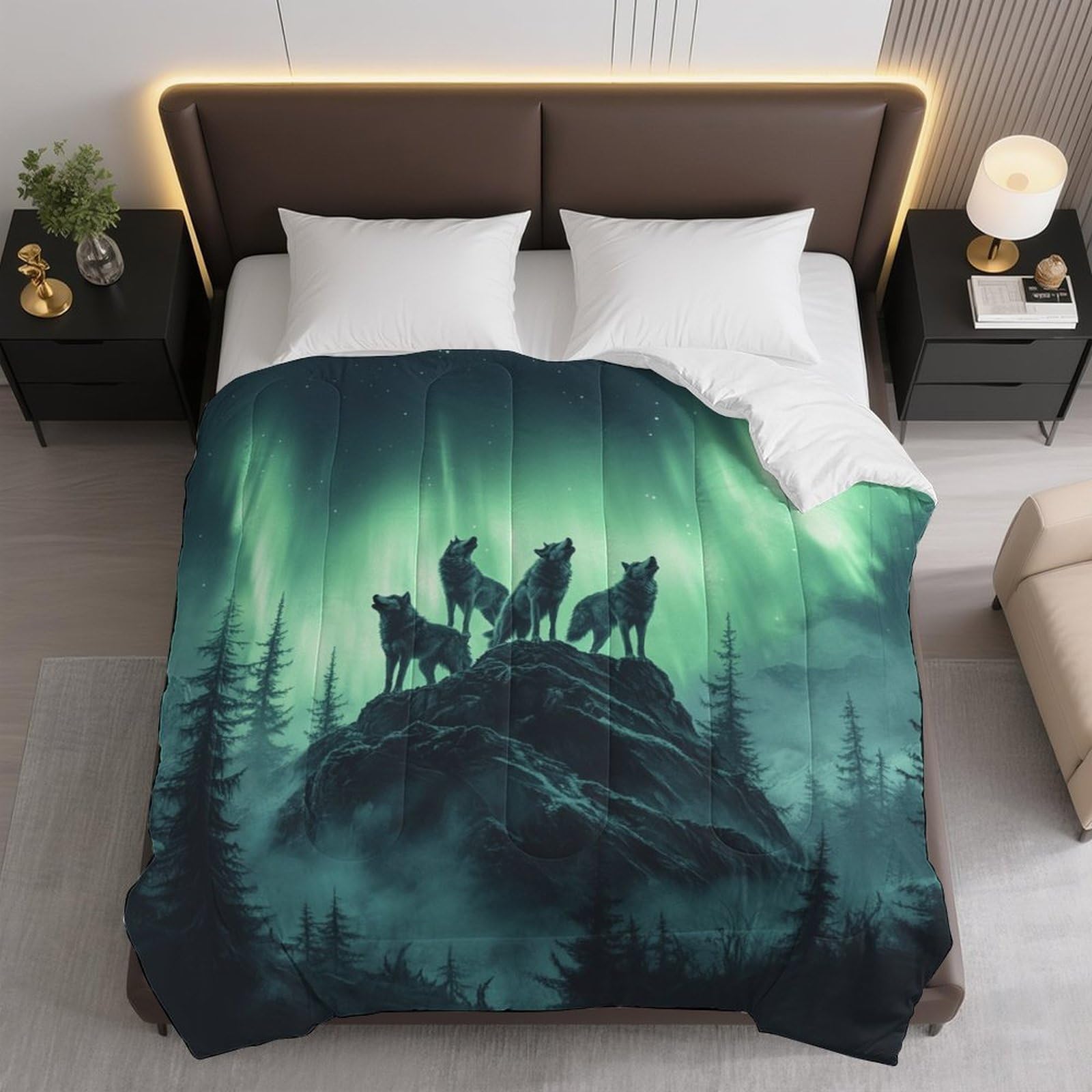 Wolves Under Aurora Comforter Bedding Heavy Bed Blanket Soft Warm Fluffy All Seasons Only Quilt 173x218cm