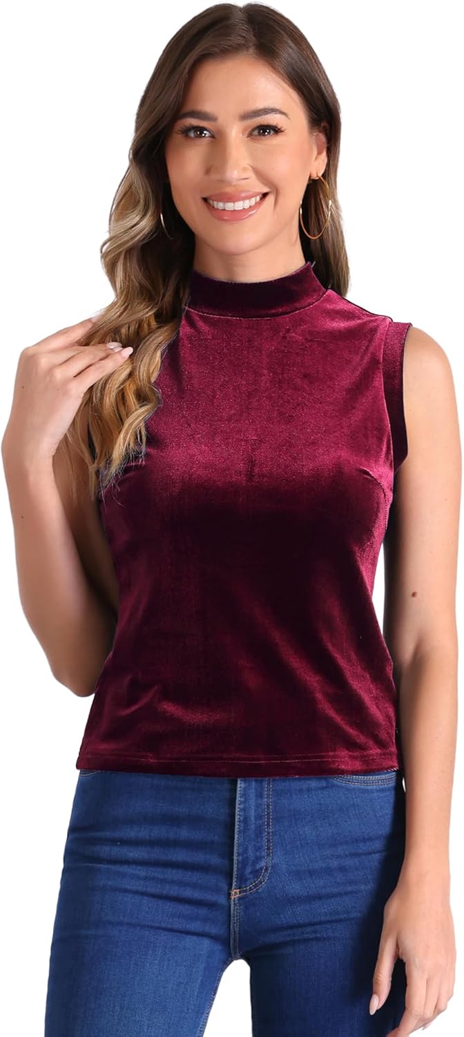 Allegra K Turtle Neck Tank Tops for Women's Velvet Mock Sleeveless Casual Vest