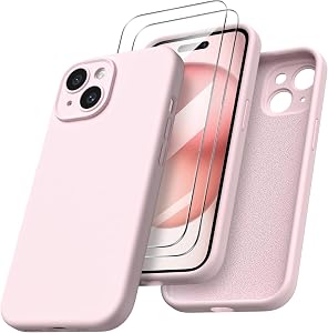 ORNARTO Designed for iPhone 15 Case with 2X Screen Protector, Liquid Silicone Gel Rubber Cover [Upgraded Camera Protection], Shockproof Protective Phone Case 6.1"-Pale Rosette | Liquid Silicone, Full Shock Protection, Soft Microfiber Interior
