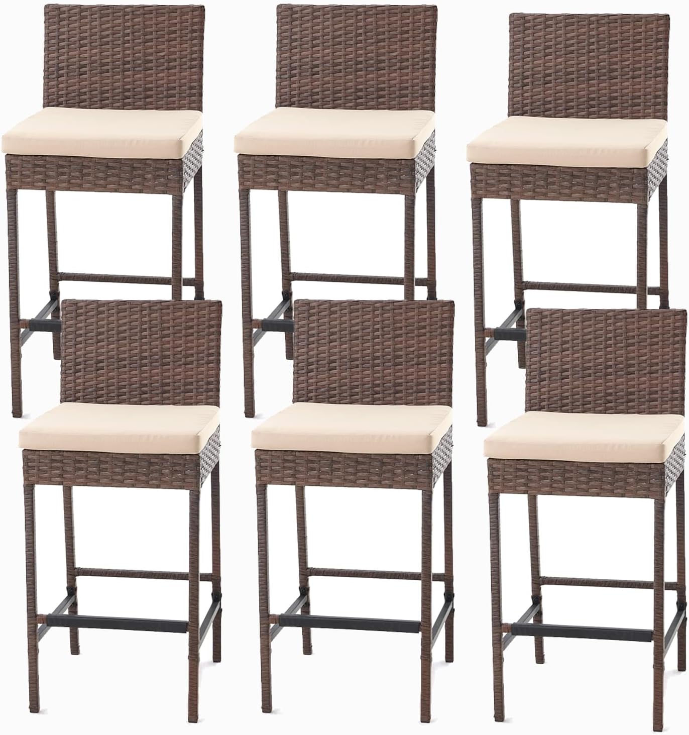 ECOTOUGE Outdoor Bar Stools, Wicker Woven Patio Stools & Patio Bar Chairs with Seat Cushion and Cozy Footrest, Rattan Furniture Armless Counter Height for Pool Lawn Porch Backyard (Set of 6, Brown)