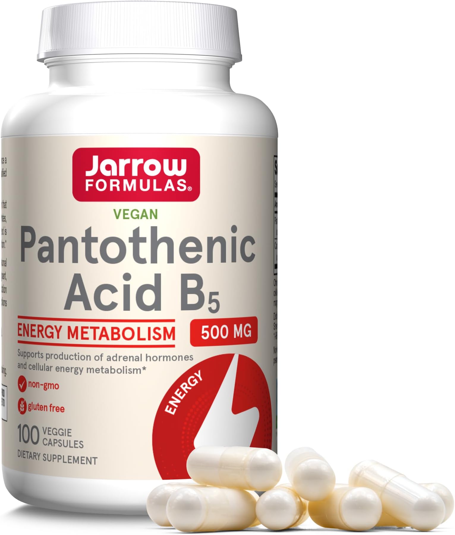 Jarrow Formulas Pantothenic Acid B5 500 mg, Dietary Supplement, Vitamin B5 for Adrenal Hormone Support and Cellular Energy Metabolism, 100 Veggie Capsules, 100 Day Supply