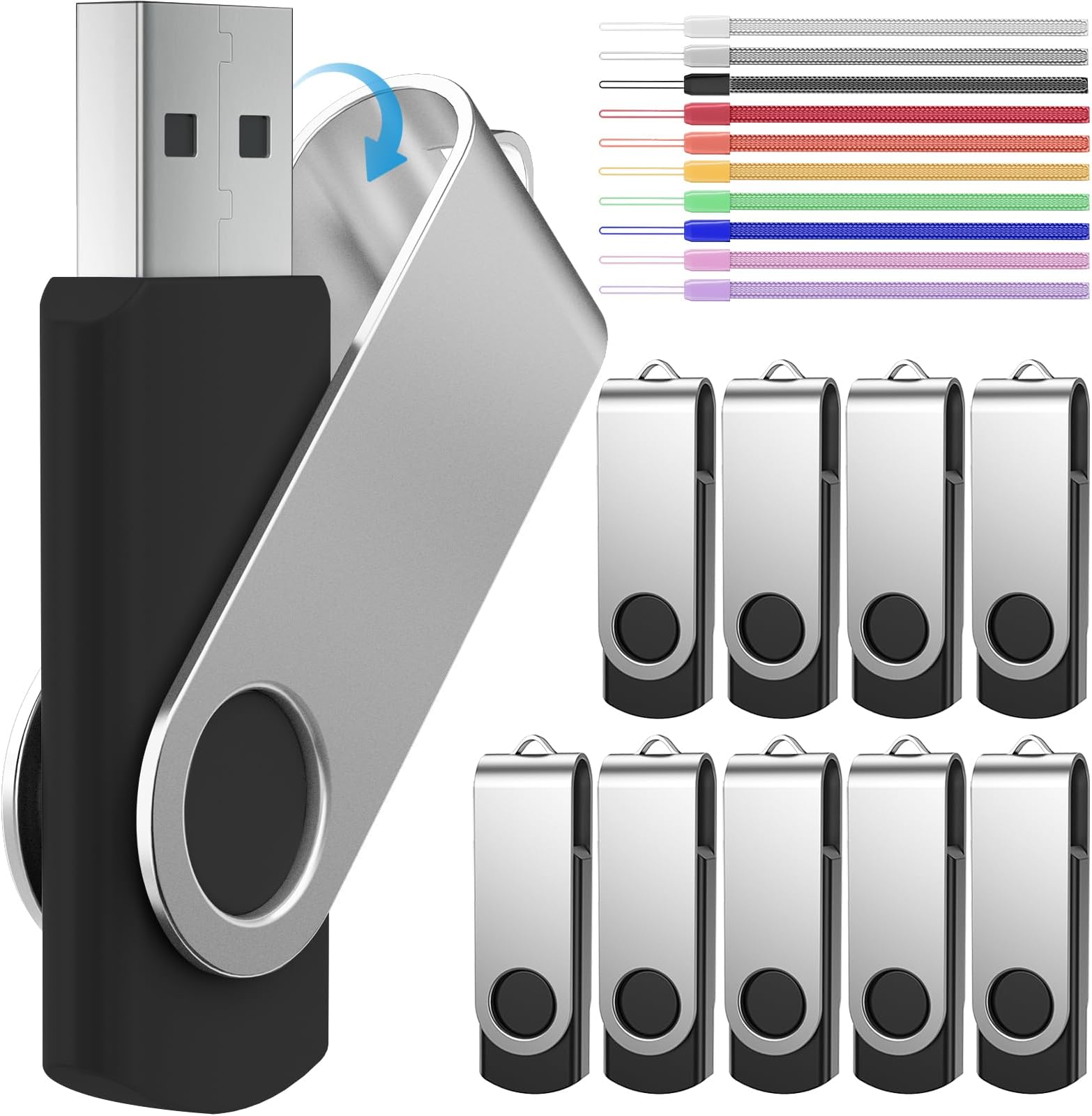 FEBNISCTE USB Flash Drive 512MB 10 Pack Thumb Drives Portable Pen Drives, Bulk USB 2.0 Memory Sticks Small Capacity 512 MB Zip Drive, Swivel Pendrive Black Jump Drives for Embroidery Sewing Machine