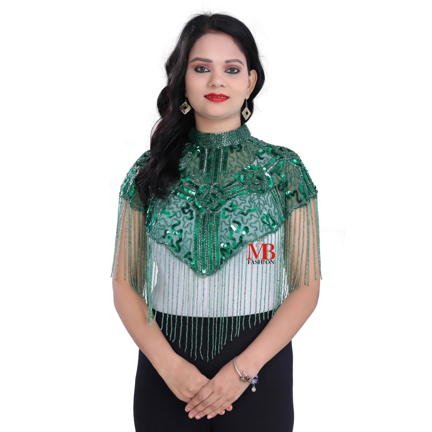 Women's Net Hand Bead Embroidery Designer Short Cape Regular Poncho And Shrugs-picture-25