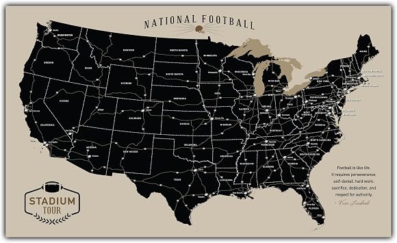 HolyCowCanvas Personalized Canvas Football Stadium Map Tracker with Pins, Metal Footballs, Customized Sports Gift, Push Pin USA Map Tan