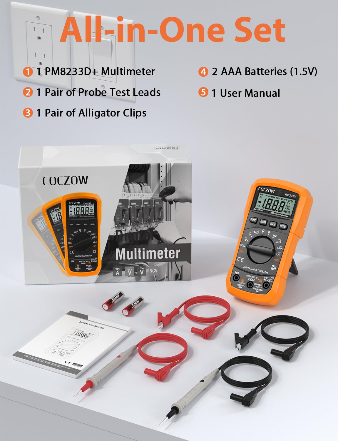 Multimetro Digitale Multi Tester Voltmetro Amperometro Ohmmetro Misura Tensione Corrente Resistenza Capacità Continuità Diodo NCV con Morsetti a Coccodrillo Cavi di prova Retroilluminazione