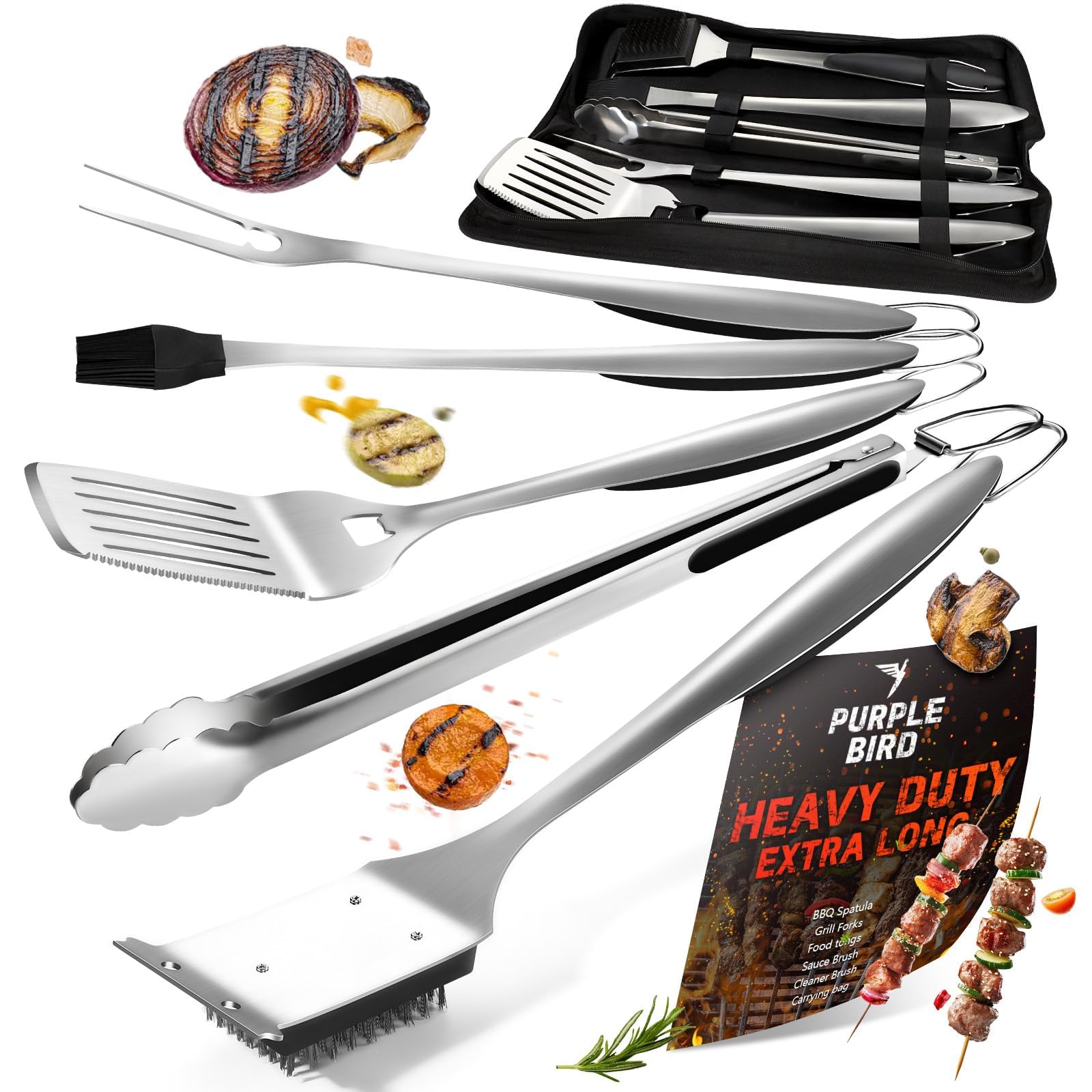 PURPLEBIRD Set di 6 utensili da barbecue per esterni, con manico extra lungo, accessori per barbecue in acciaio inox, regalo per papà, con borsa da viaggio, kit di utensili per barbecue per campeggio