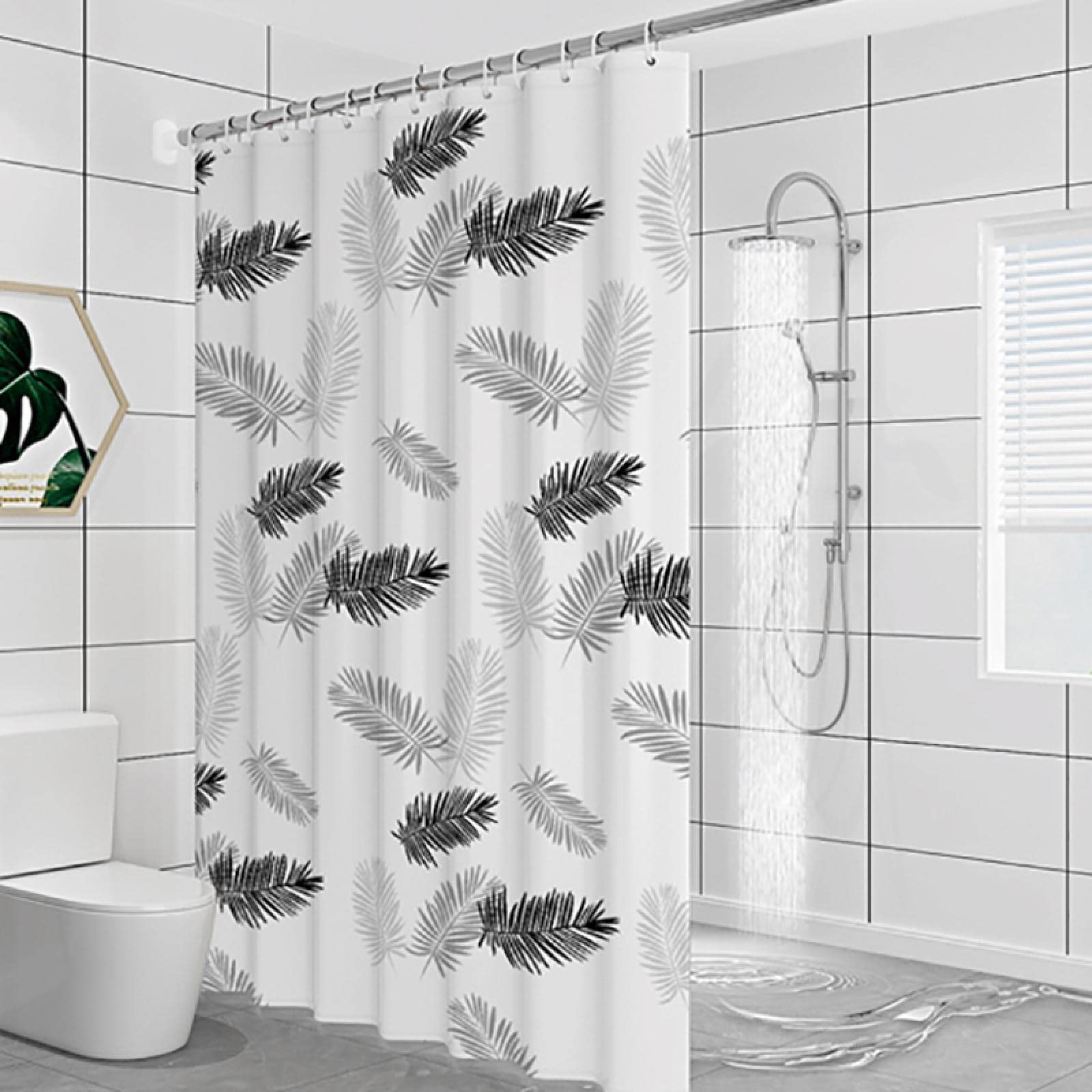 Yishui Art Shower Curtain Waterproof Fabric Bathroom Curtain With Hooks Punch Free Black Leaves Luxury Bath Curtains Home Decor 150x150cm(59x59in)