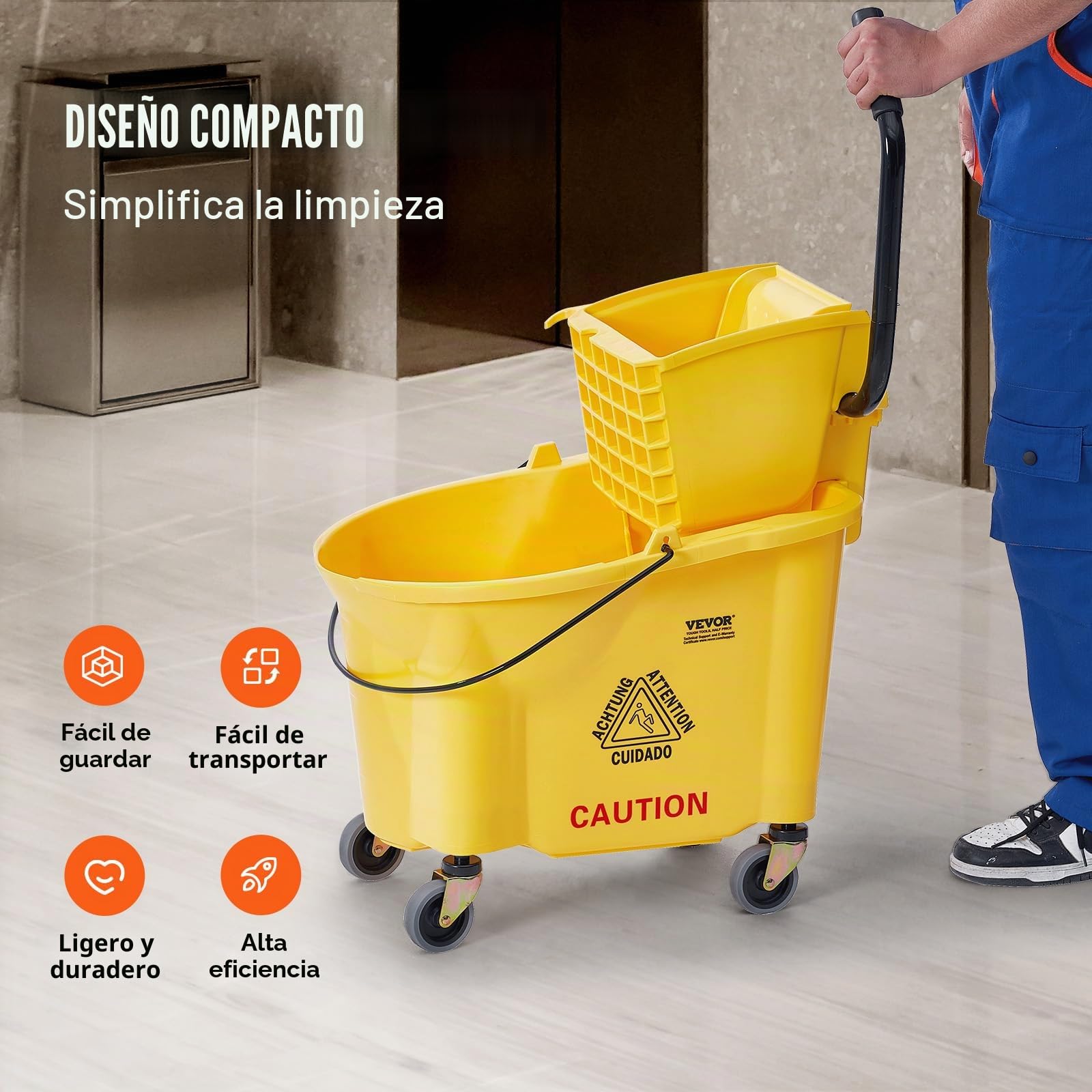 VEVOR Cubo para Trapeador con Escurridor 33L Cubo de fregona con Escurridor de Presión Lateral Cubo de Fregona de Presión Lateral y Escurridor Combinado con Ruedas para Limpieza de Pisos, Amarillo