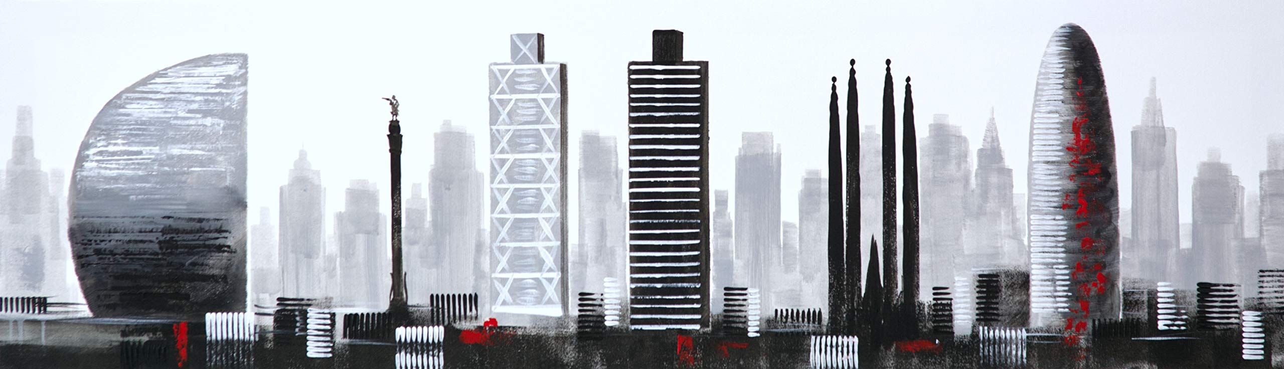 Cuadroexpres - Cuadro Pintado Moderno Ciudad de Barcelona 120x35 cm, Blanco y Negro con Detalles en Rojo. 100% Original, sobre Lienzo. Decoración para Sala de Estar