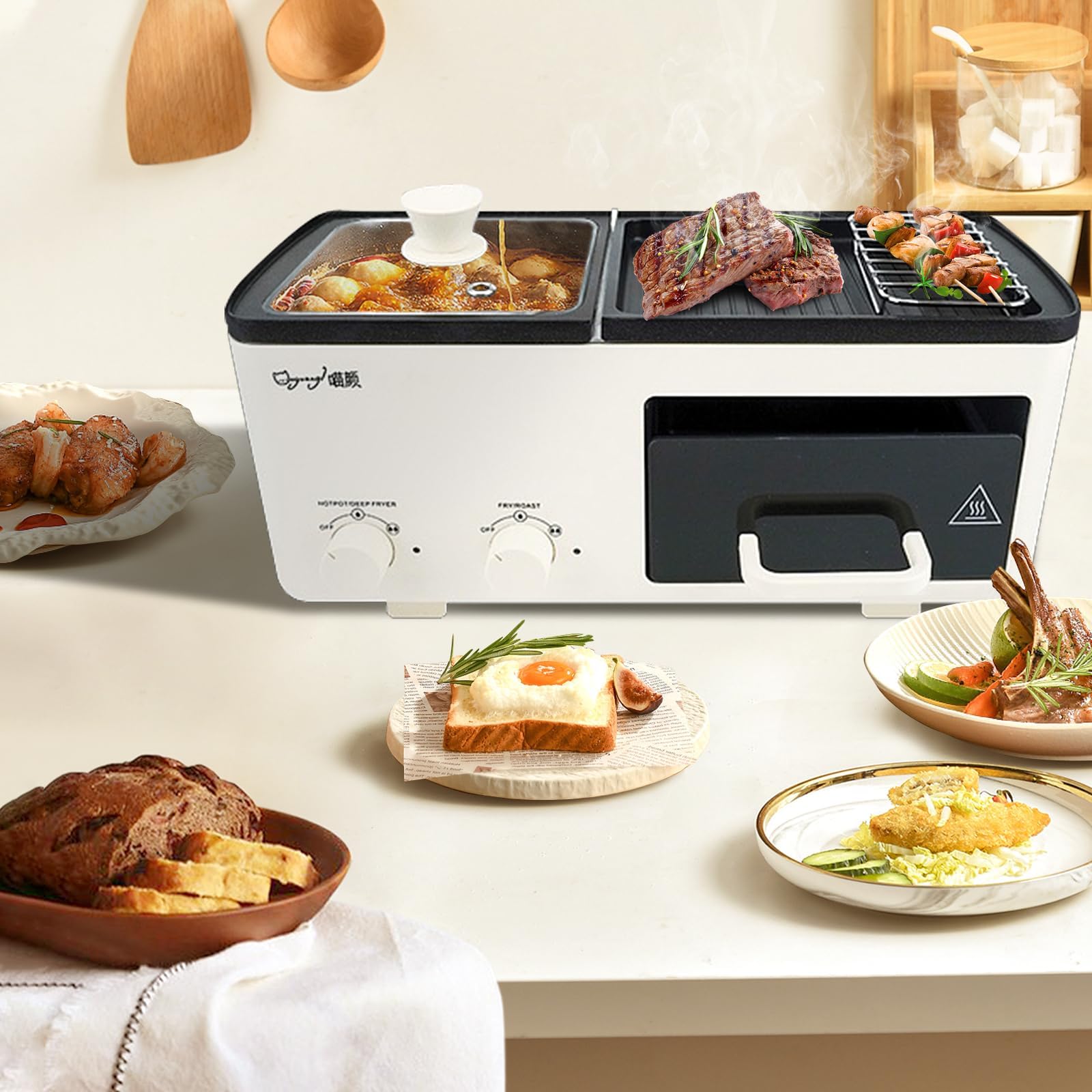 wOod-it4 in 1 Breakfast Maker Station with Indoor Grill/Griddle/Toast Drawer/Frying Basket, Removable Nonstick Plates, Dual Temperature Control, Off white