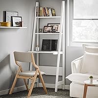 Haotian FRG60-W Ladder Desk with Shelves - Space-Saving Wall Desk, Secretary Workstation & Freestanding Bookshelf for Small Spaces, White