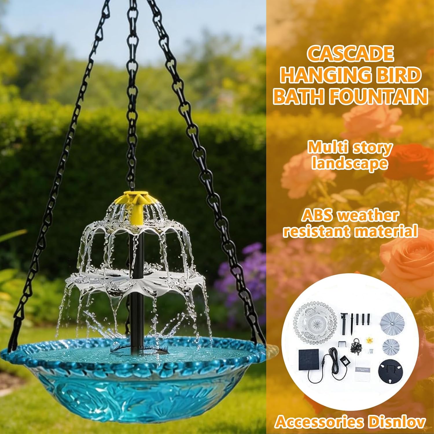Hanging Solar Bird Bath Fountain, Multi-Tiered Waterfall Style, Hanging Bird Bath with Water for Outdoors Garden Patio Backyard Lawn Decor.(Blue)