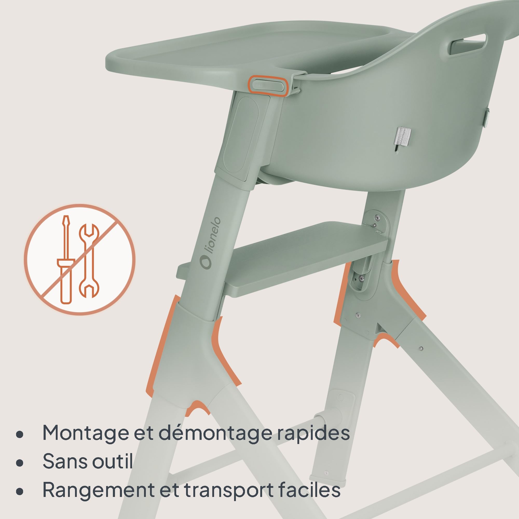 Lionelo Beny Chaise Haute Bébé 6-36 Mois, Tablette Réglable, Jusqu’à 15 kg | Repose-pieds réglable à 1 main sur 2 niveaux, harnais 3 points, insert confortable, nettoyage facile, Vert Sauge