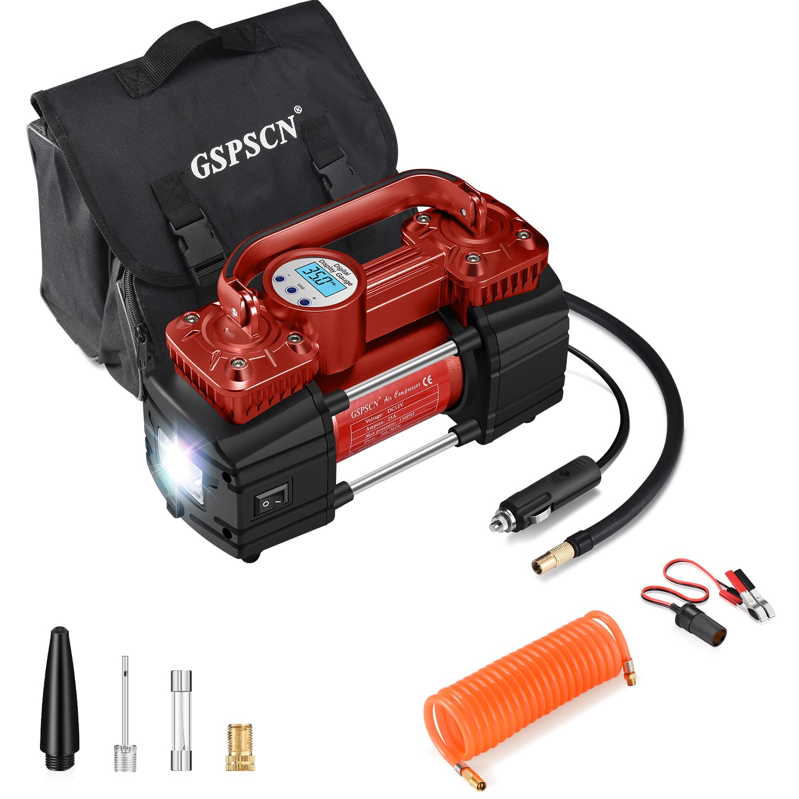 GSPSCN Portable Digital Car Tire Inflator with Gauge 150Psi Auto Shut-Off, Heavy Duty Double Cylinders 12V Air Compressor Pump with LED Light for Auto,Truck,Car,Bicycles,RV,SUV,Balls etc. (RED)