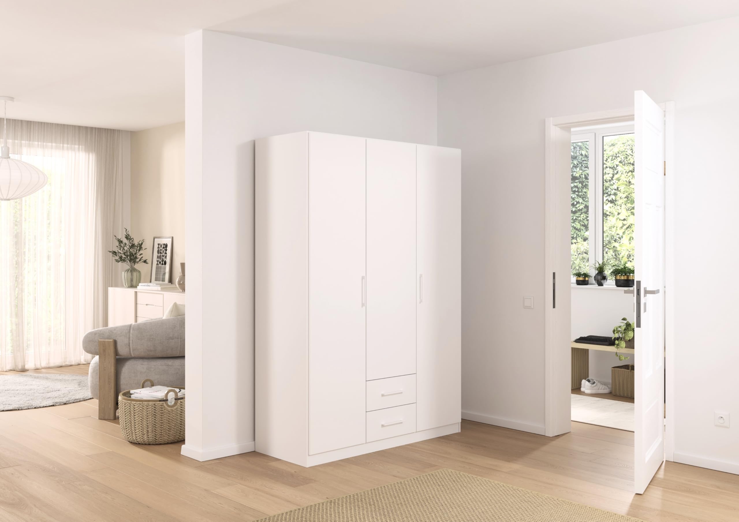 Rauch Möbel Belfast Armoire Chambre, penderie, vestiaire, Armoire de Rangement, 3 Portes, 2 tiroirs, Couleur Blanc, poignée à Barre Blanche, 136x197x54cm