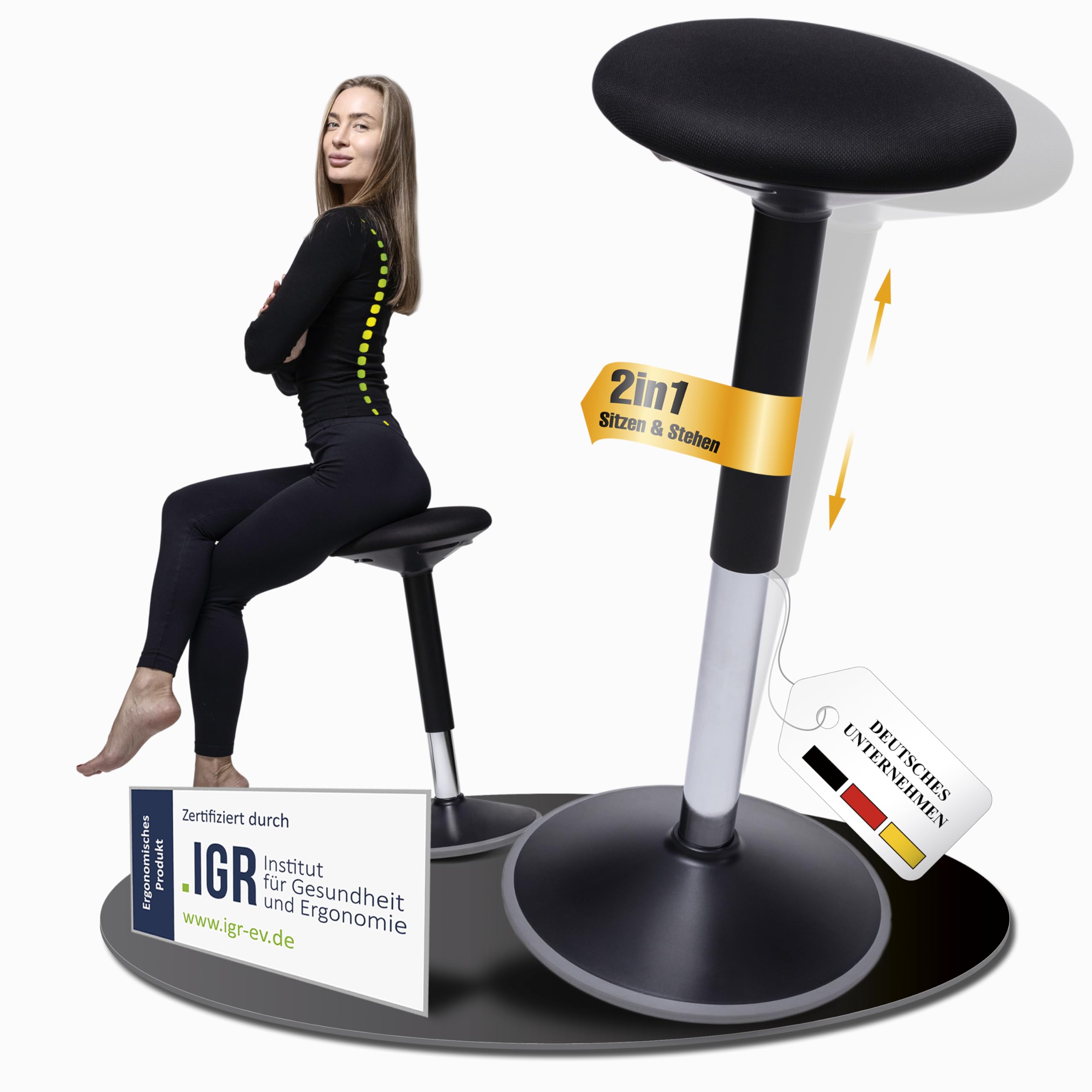 Bürohocker 2in1 Sitz- & Stehhocker höhenverstellbar Schwarz | Zertifiziert & ergonomisch. Fördert einen gesunden Rücken durch aktives Sitzen & Stehen. Ideal im Büro & Homeoffice.