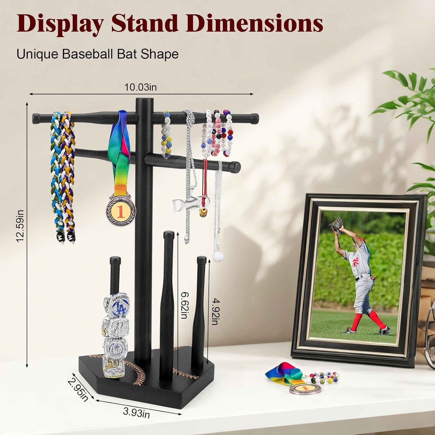Wooden Baseball & Softball Drip Necklace Holder and Ring Display Stand, Championship Ring Case Organizer for Youth Boys Players, Baseball Lifestyle 101 Accessories for Room Decor, Baseball Gifts Black