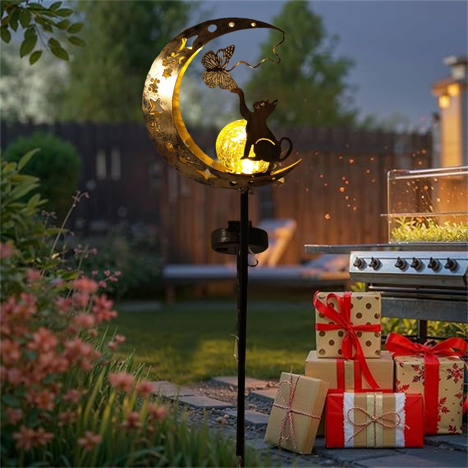 Solarbetrieben Katze Schmetterling Licht, Schöne Tier Bodenlampe mit Schmiedeeisen im Garten verziert, Drahtlose Dämmerung bis Dämmerung LED Licht wasserdicht.