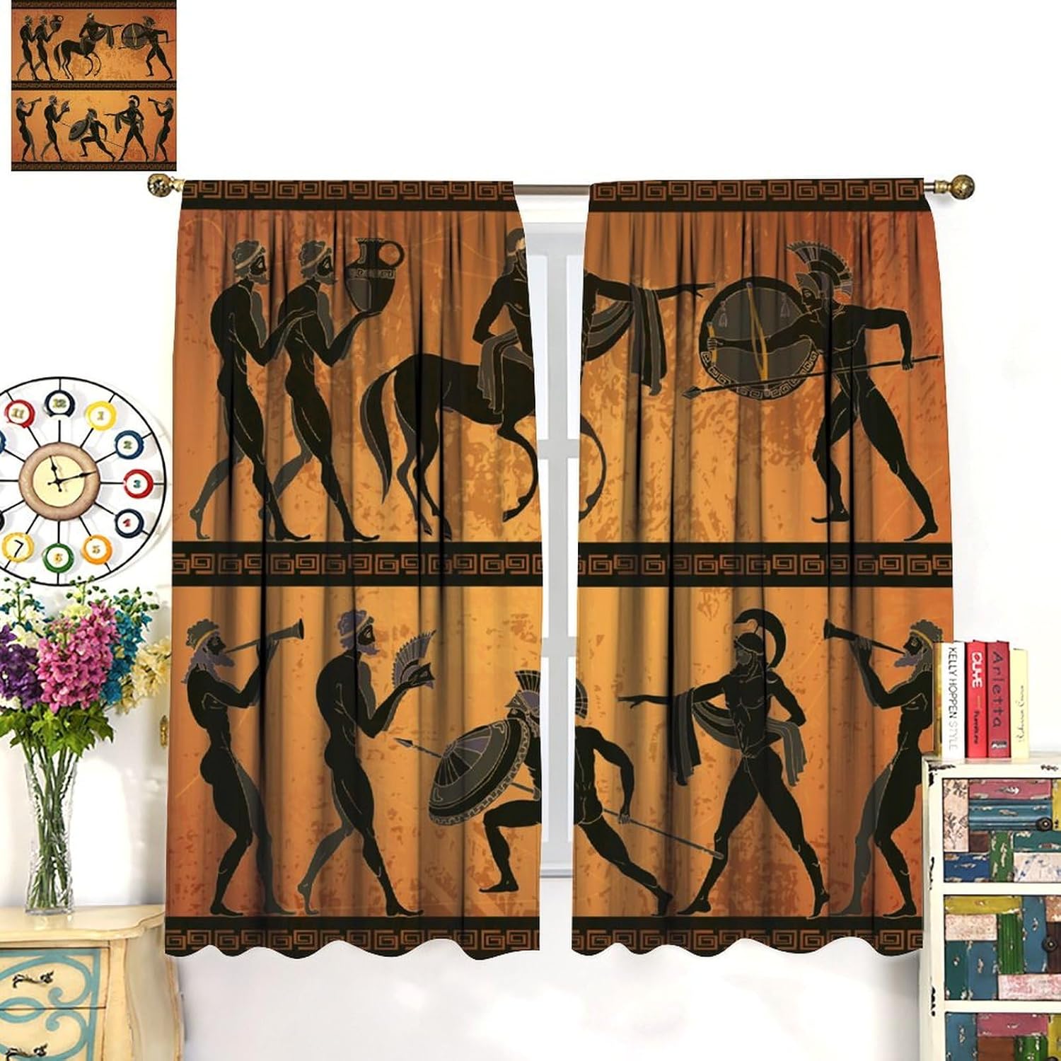Ancient Greece Warrior Blackout Window Curtain, Minotaur Hunting Centaur Black Figure Pottery Classical Greece for Home Kitchen Restaurant Decoration Window Curtain 2Panel 42" W X 45" L