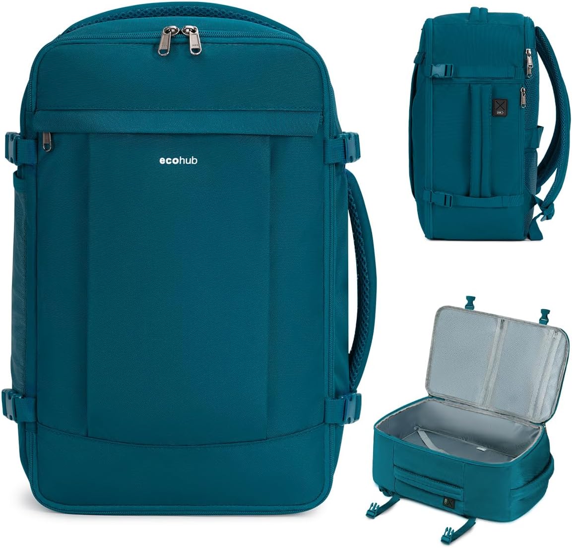 ECOHUB Sac a Dos Voyage Cabine Avion 45x36x20 pour Easyjet Bagage Cabine avec 3 Poches Zippées Cachées Bagage à Main Homme Sac à Dos pour Ordinateur 15.6 Pouces, Sac Cabine sous Siège, Turquoise 30L