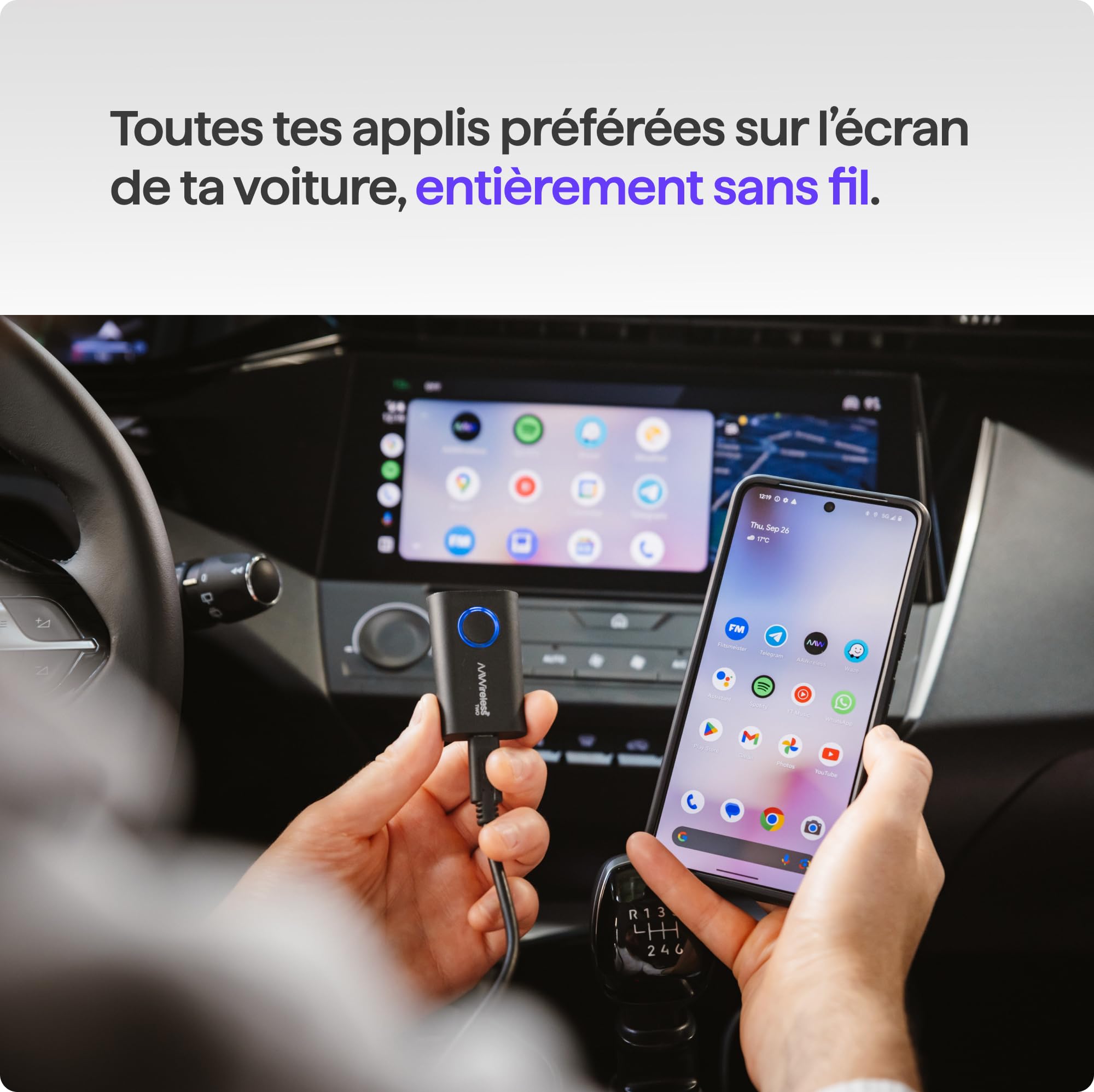 AAWireless Two+ Android Auto et Apple Carplay 2 en 1 - Connexion sans fil via Bluetooth et WiFi - Convient pour iOS 10+ et Android 11+ - Bouton multifonction - Fabriqué en Europe