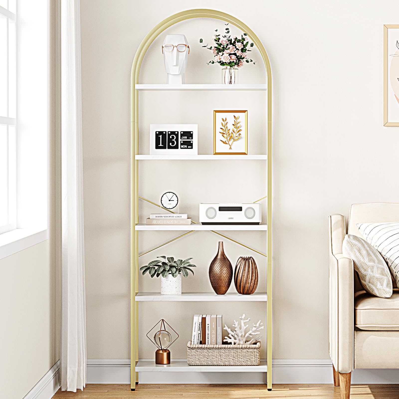 Modernes 5-stufiges Bücherregal mit elegantem Bogen – Metall-Holz Standregal – Offenes, platzsparendes Aufbewahrungsregal für Büro, Wohnzimmer oder Schlafzimmer – Robust & stilvoll – Goldenes