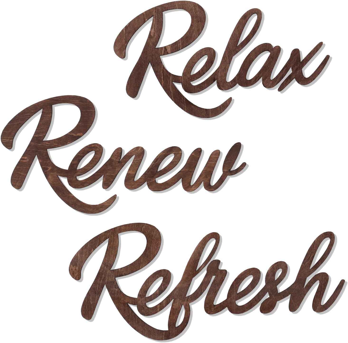 3 Pieces Bathroom Decor Wooden Bathroom Sign,Relax Renew Refresh Sign (Black-large)